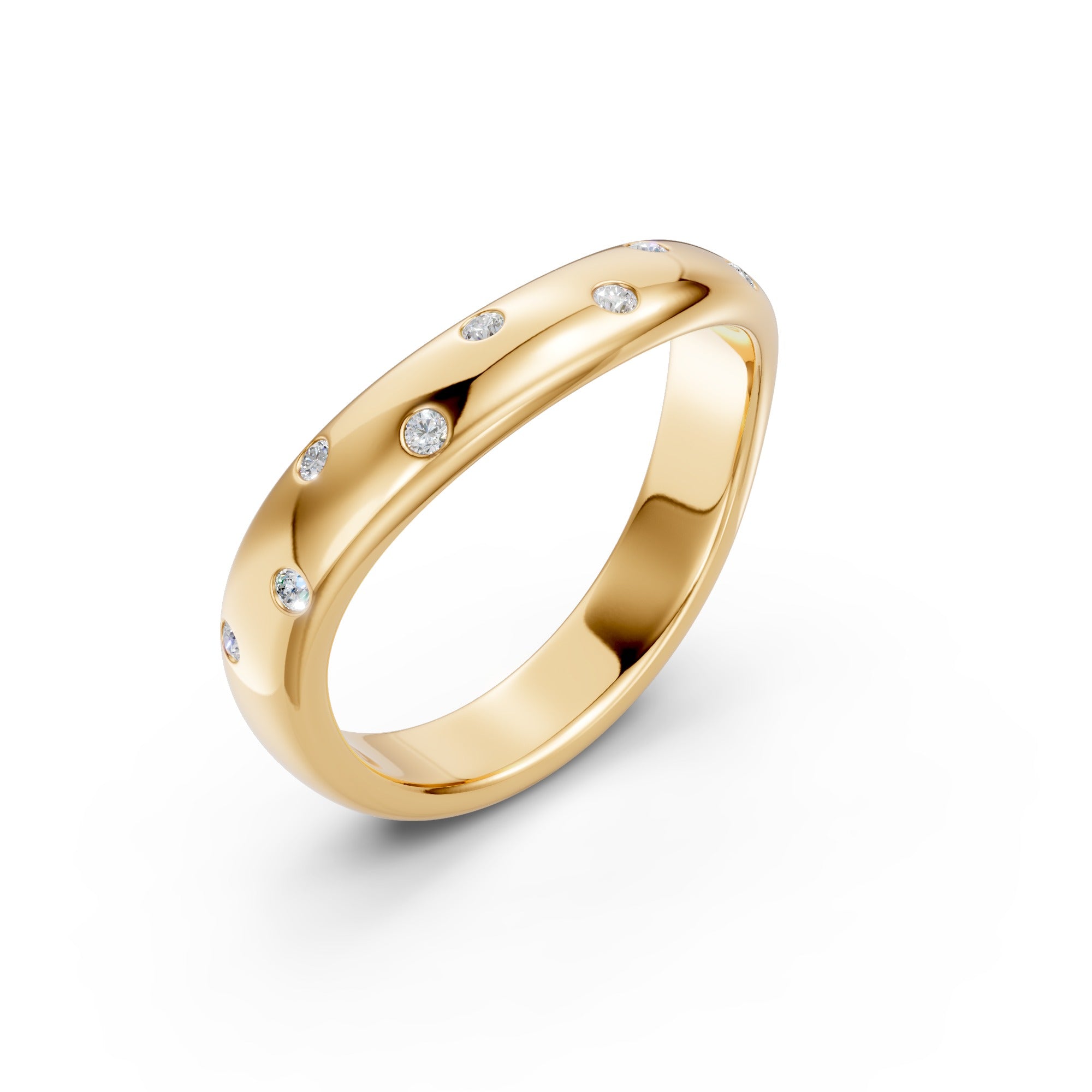 Close-up of the yellow gold Eleven Flush Diamond Nesting Arc Band showing flush-set round diamonds
