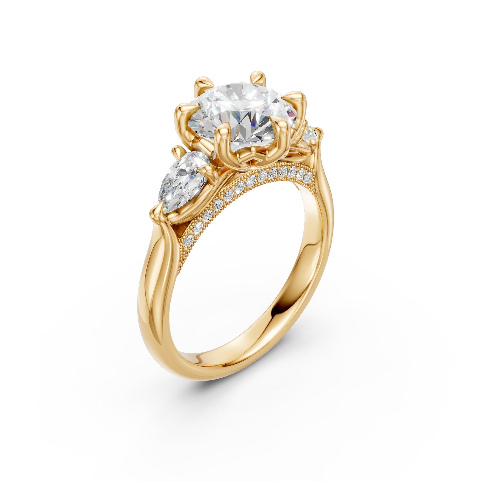 Round & Pear Three-Stone Cathedral Ring