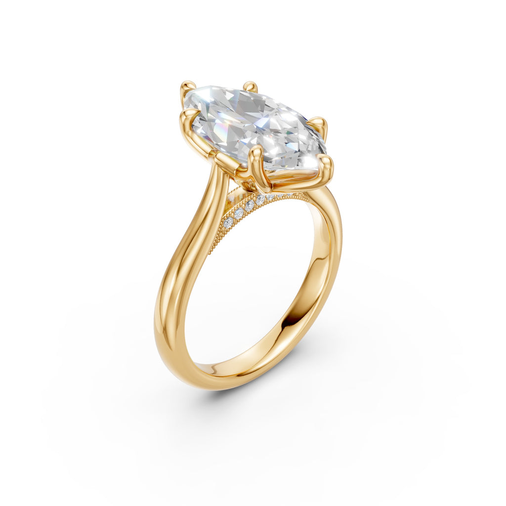 Angled side view of the yellow-gold Marquise Tulip Cathedral Ring showing six tulip prongs and the pavé bridge