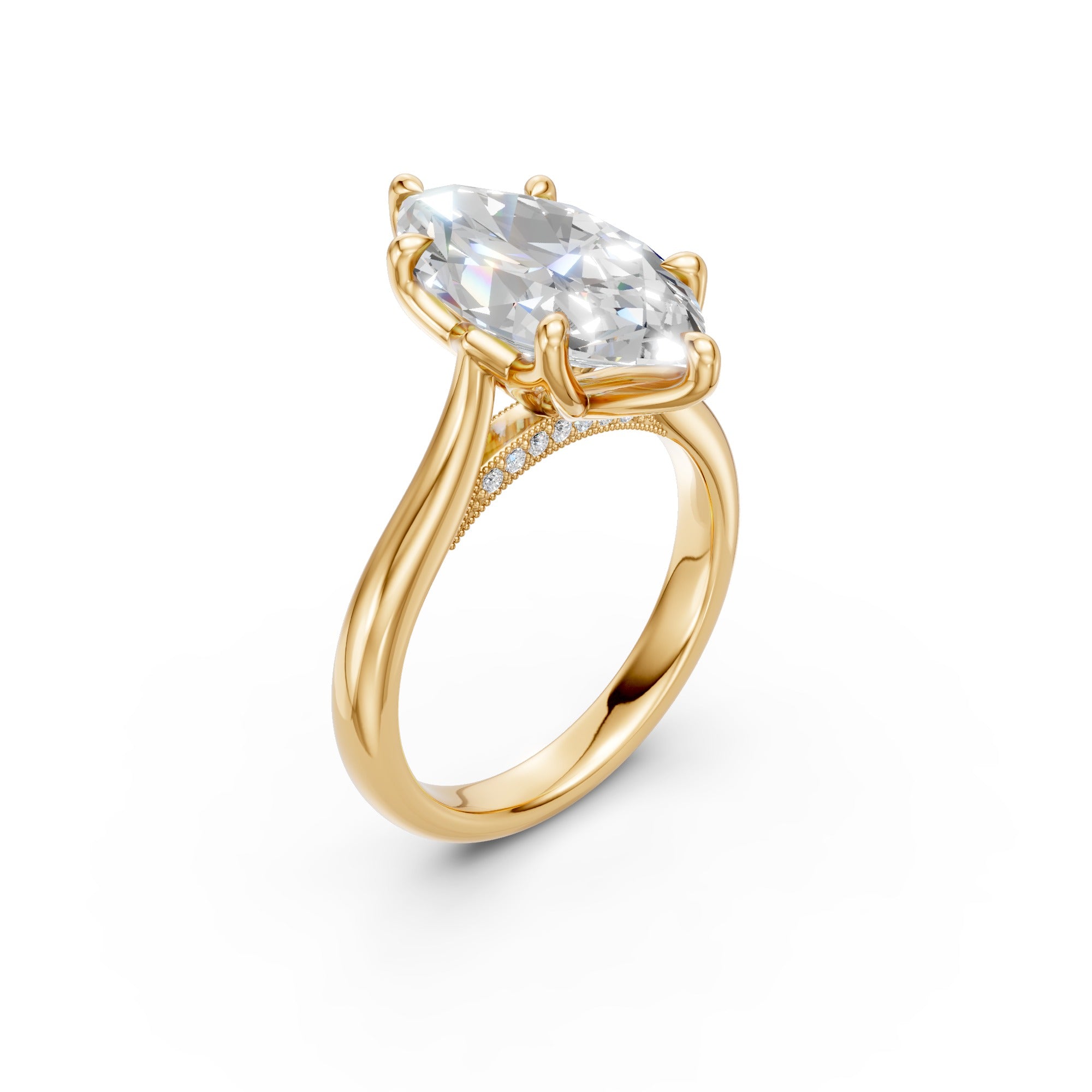 Angled side view of the yellow-gold Marquise Tulip Cathedral Ring showing six tulip prongs and the pavé bridge