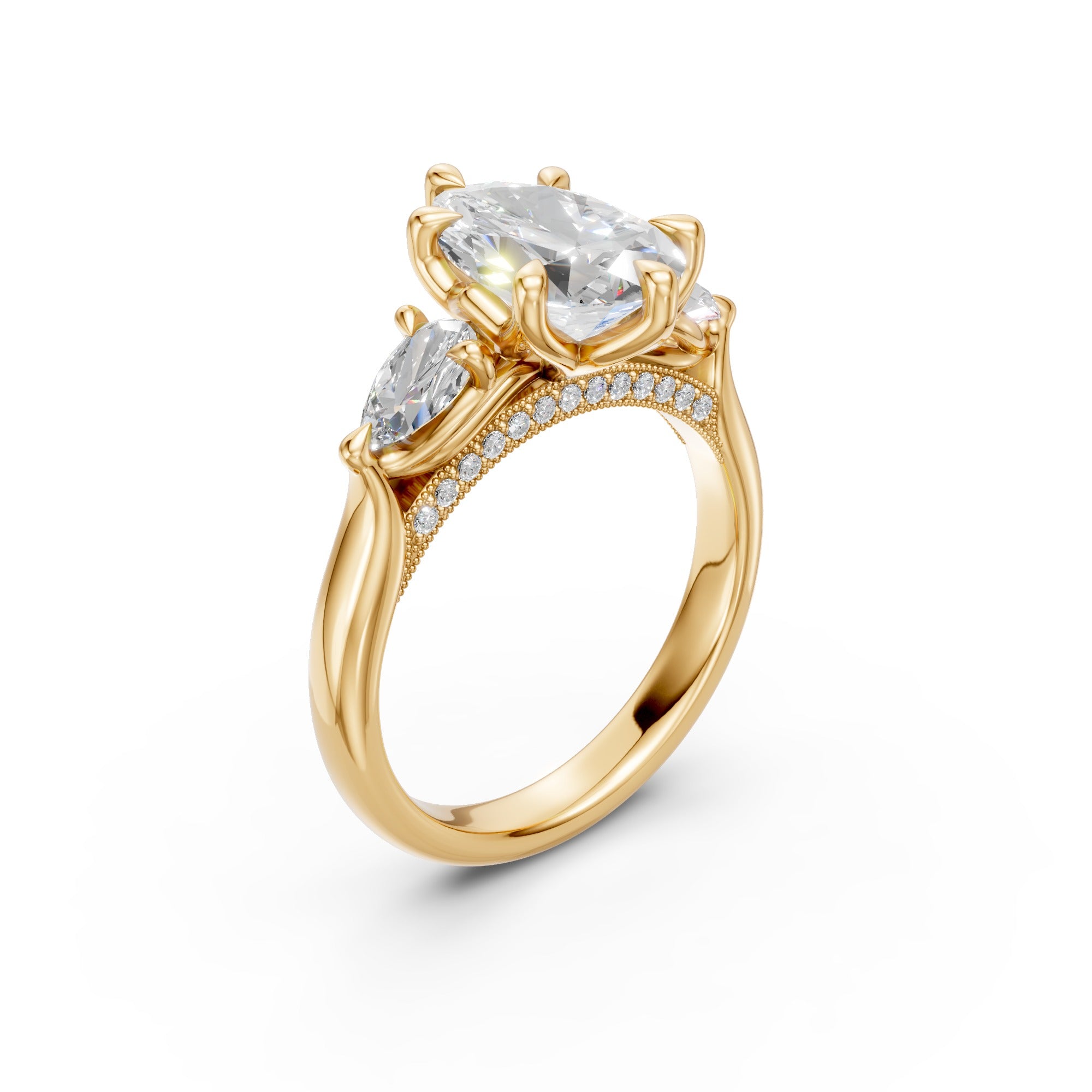 Pear Three-Stone Cathedral Ring