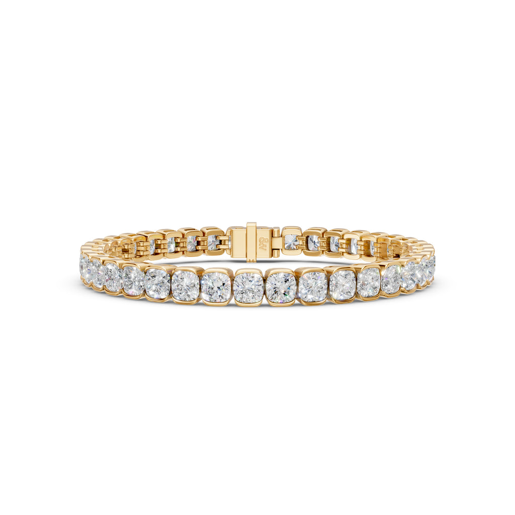 16 CTW cushion lab-grown diamond tennis bracelet in yellow gold with hidden clasp