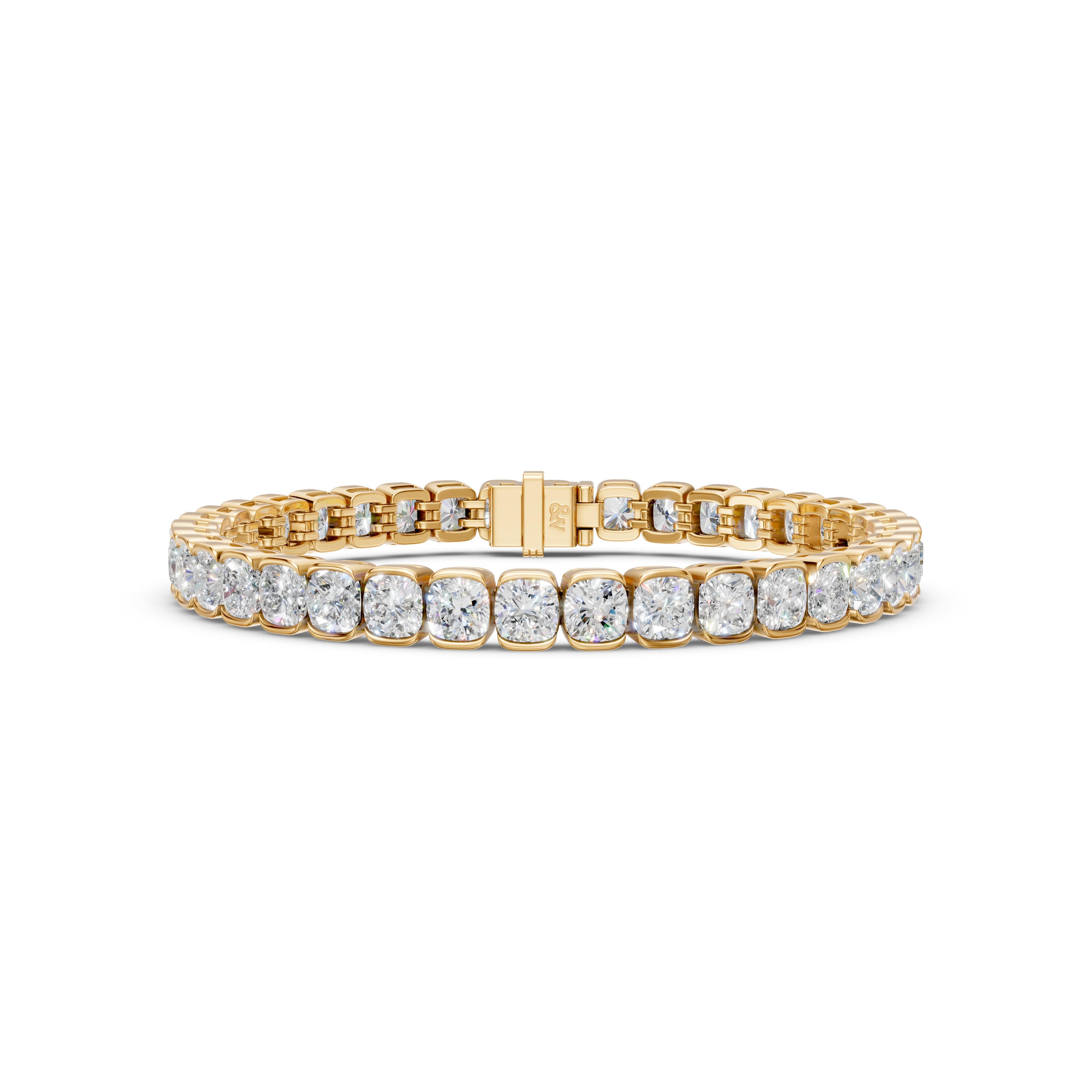 16 CTW cushion lab-grown diamond tennis bracelet in yellow gold with hidden clasp