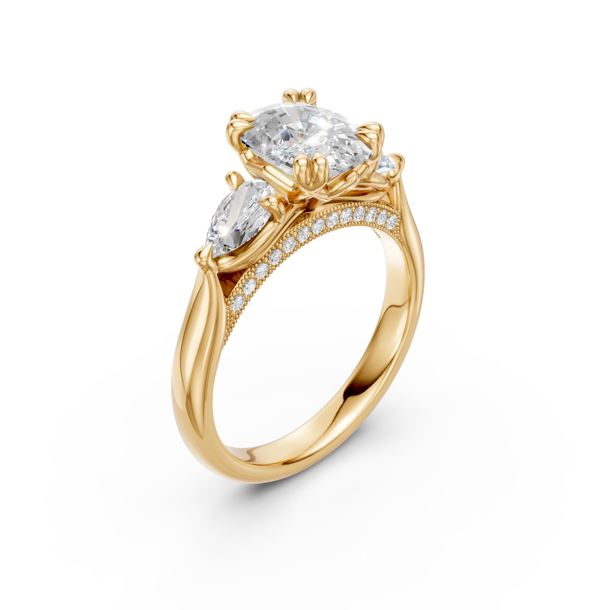 Elongated Cushion & Pear Three-Stone Cathedral Ring