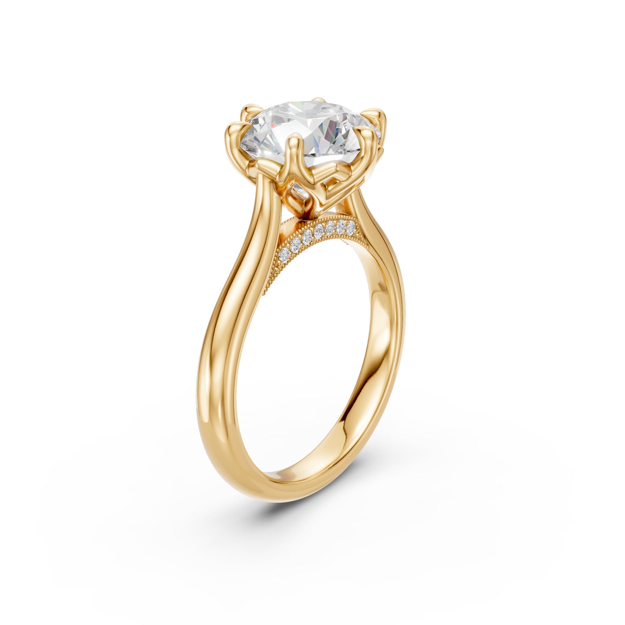 Angled side view of a yellow-gold round lab-grown diamond ring with six tulip prongs and a pavé bridge