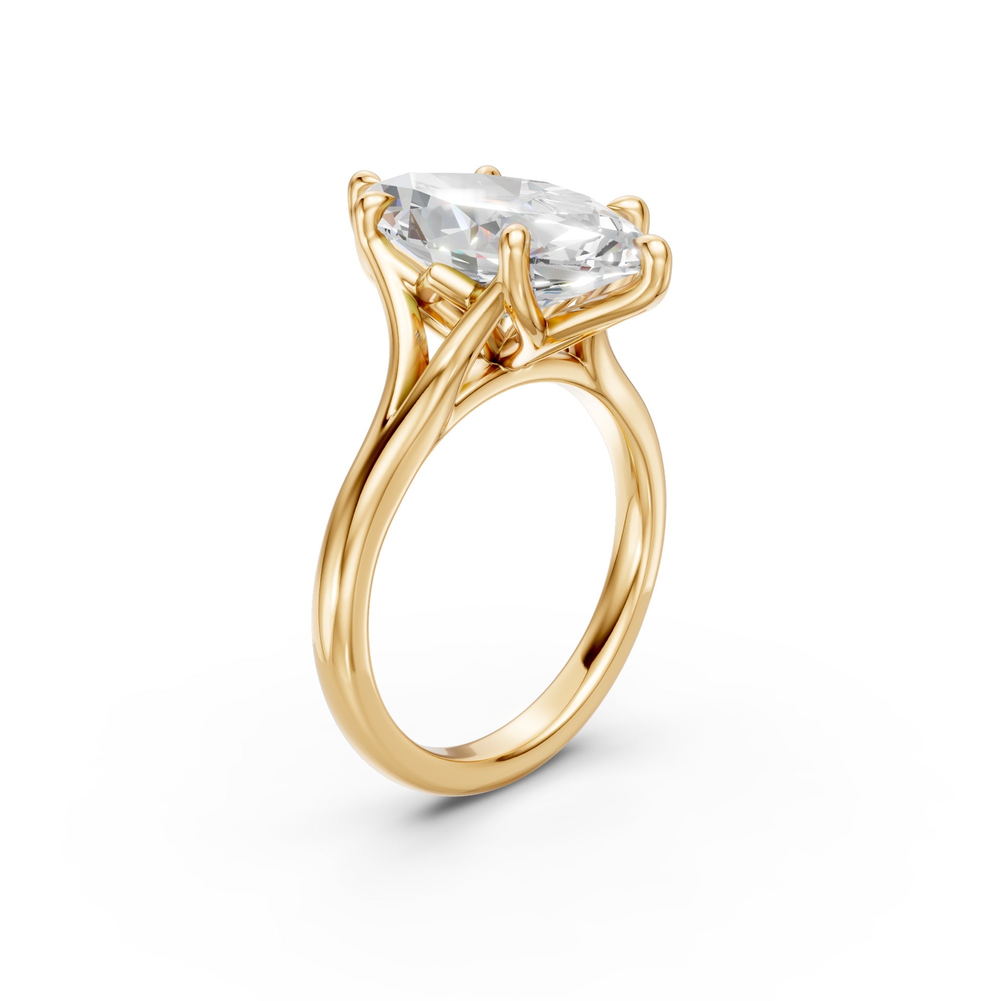 Angled side view of the yellow-gold Marquise Tulip Split Cathedral Ring with a lab-grown marquise diamond