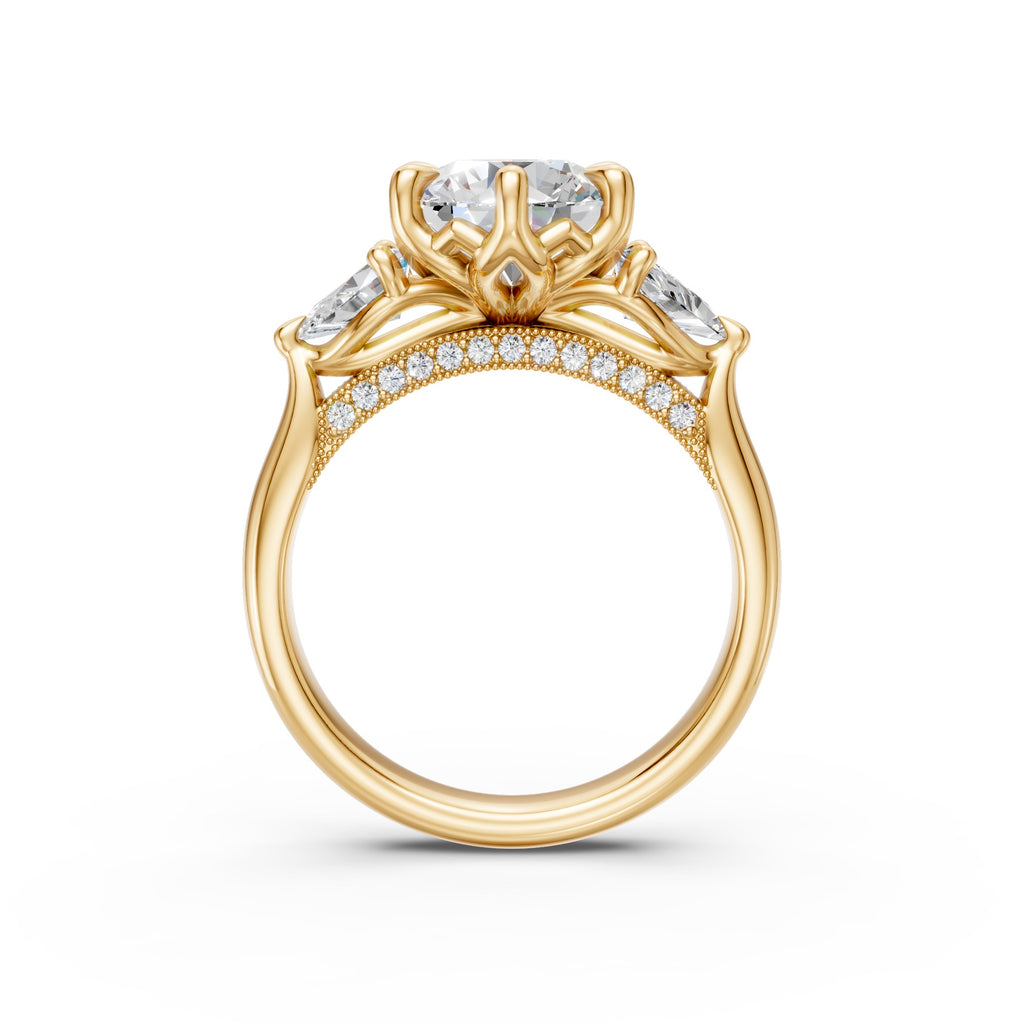 Round & Pear Three-Stone Cathedral Ring
