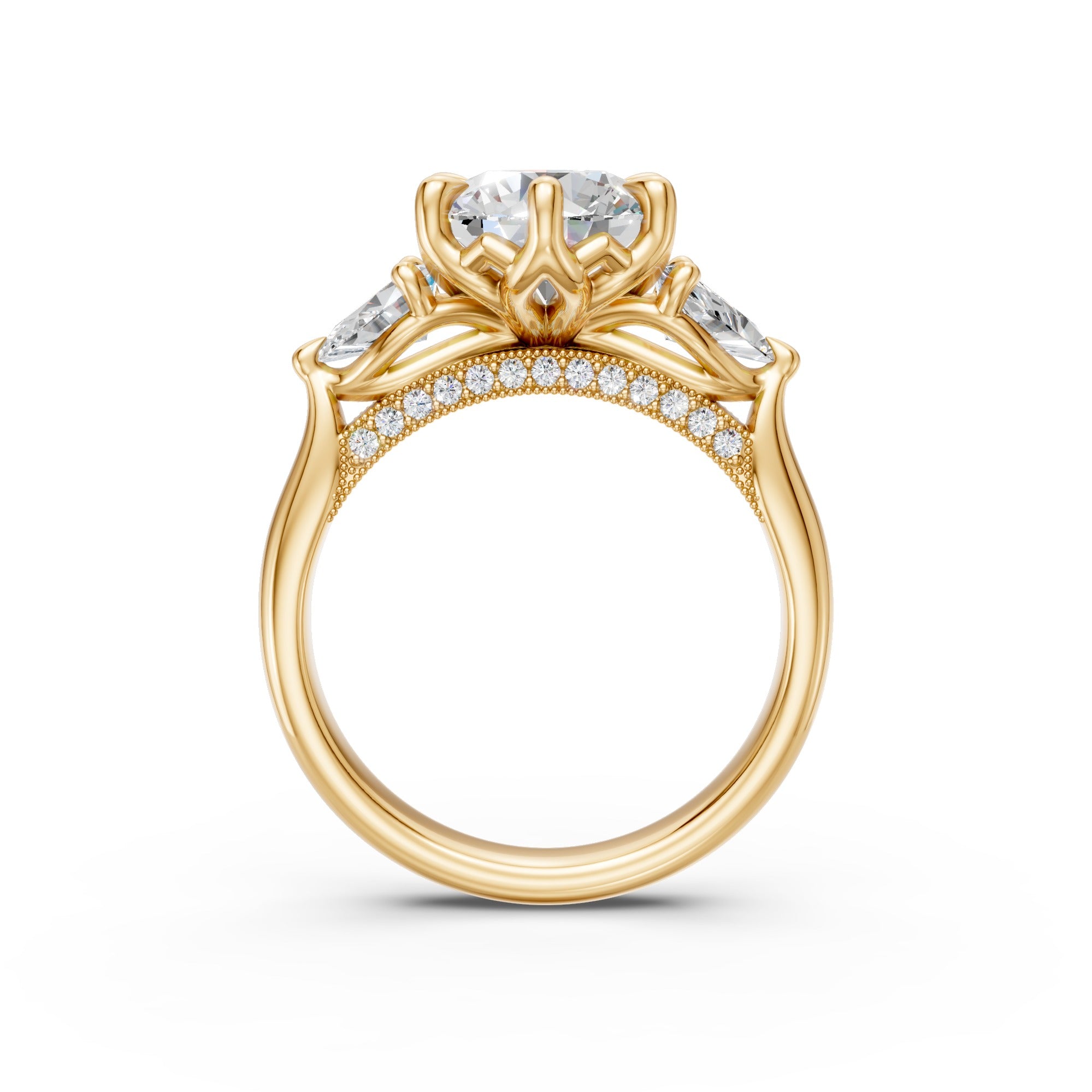 Round & Pear Three-Stone Cathedral Ring