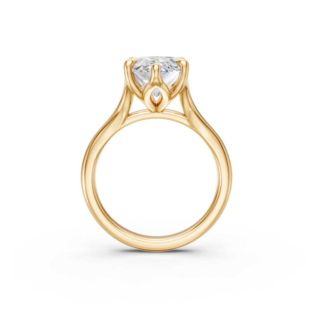 Side profile of the yellow-gold marquise ring showing the split cathedral band and six-prong floral basket