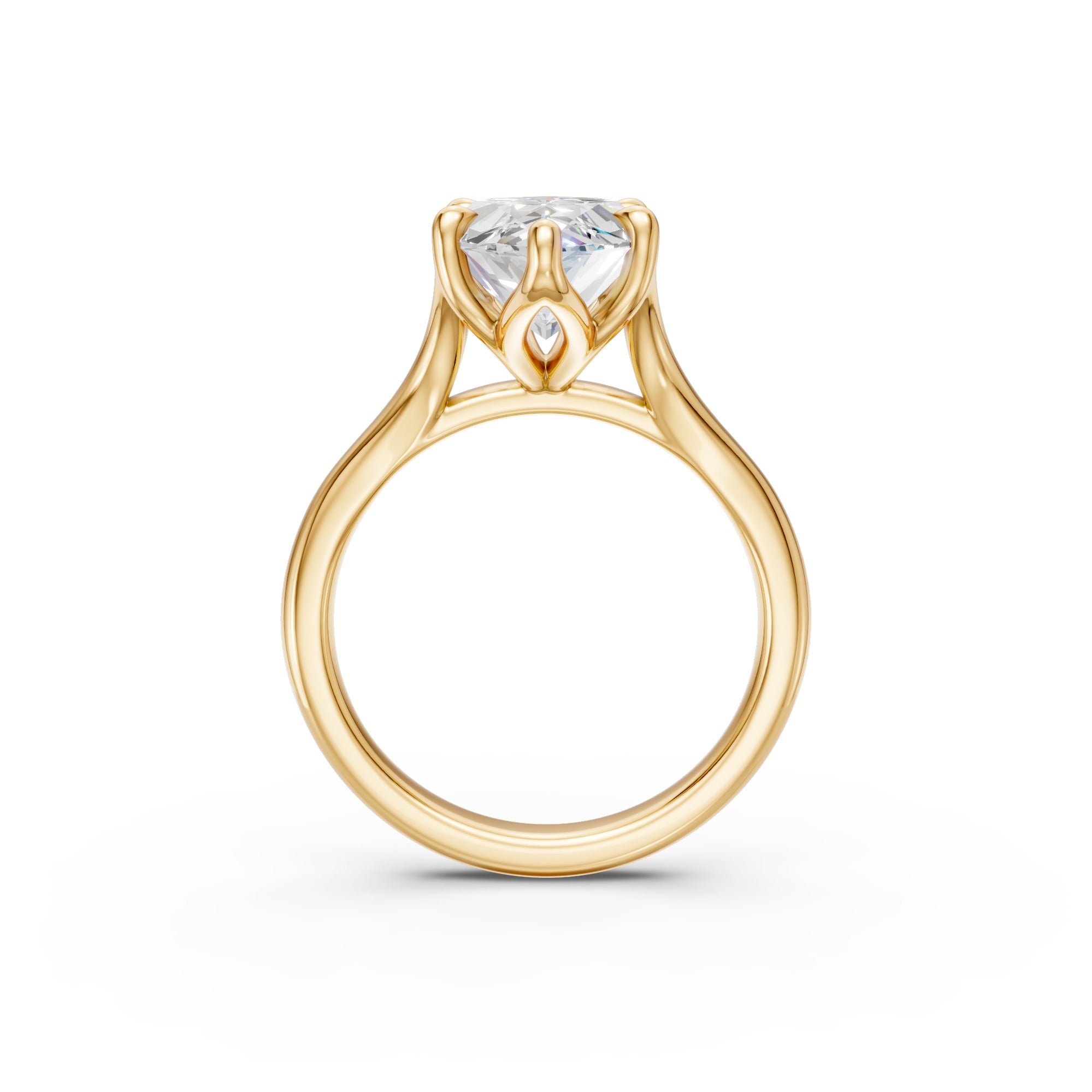 Side profile of the yellow-gold marquise ring showing the split cathedral band and six-prong floral basket