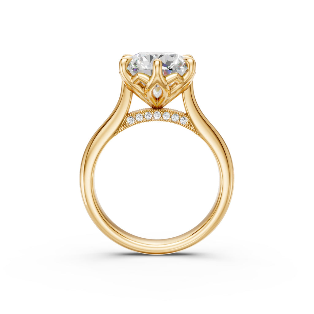 Side profile of the yellow-gold Round Tulip Cathedral Ring showing the floral basket and seven pavé diamonds on each side of the bridge