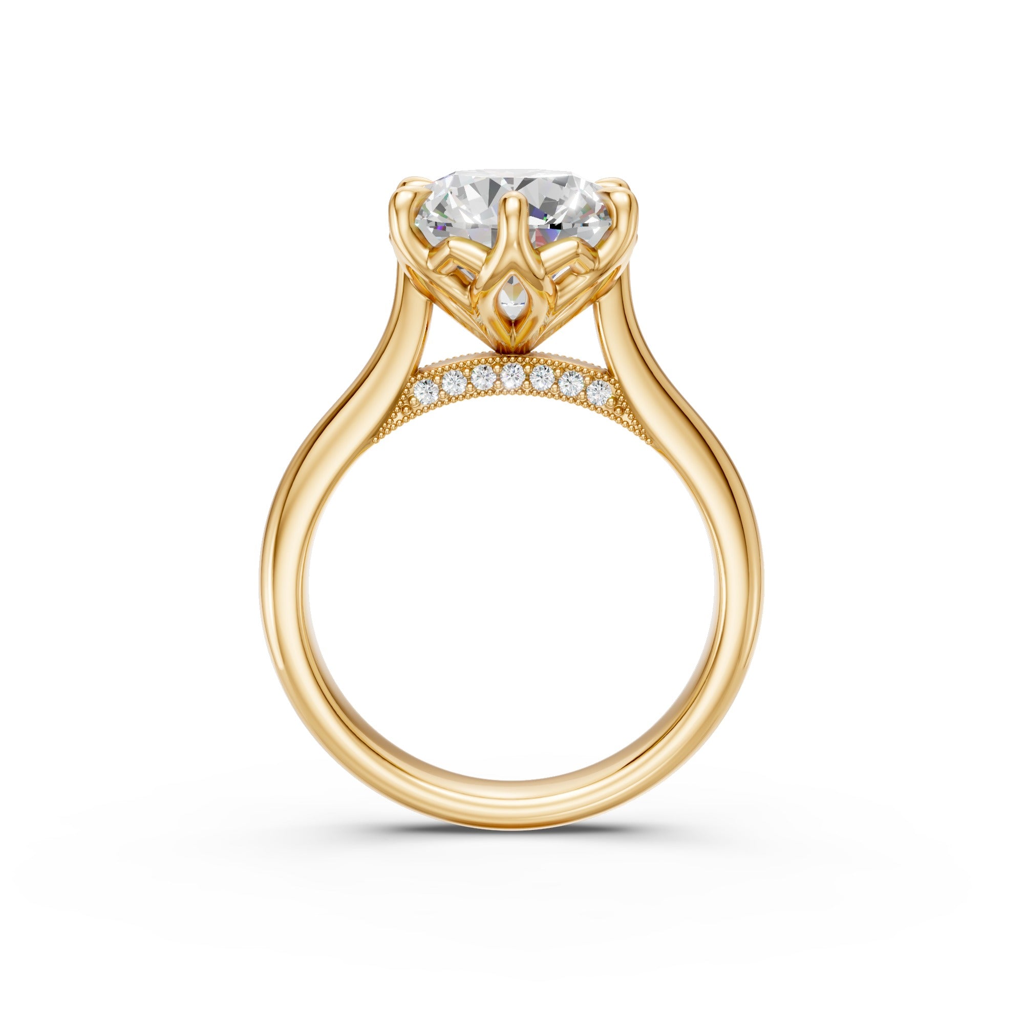 Side profile of the yellow-gold Round Tulip Cathedral Ring showing the floral basket and seven pavé diamonds on each side of the bridge