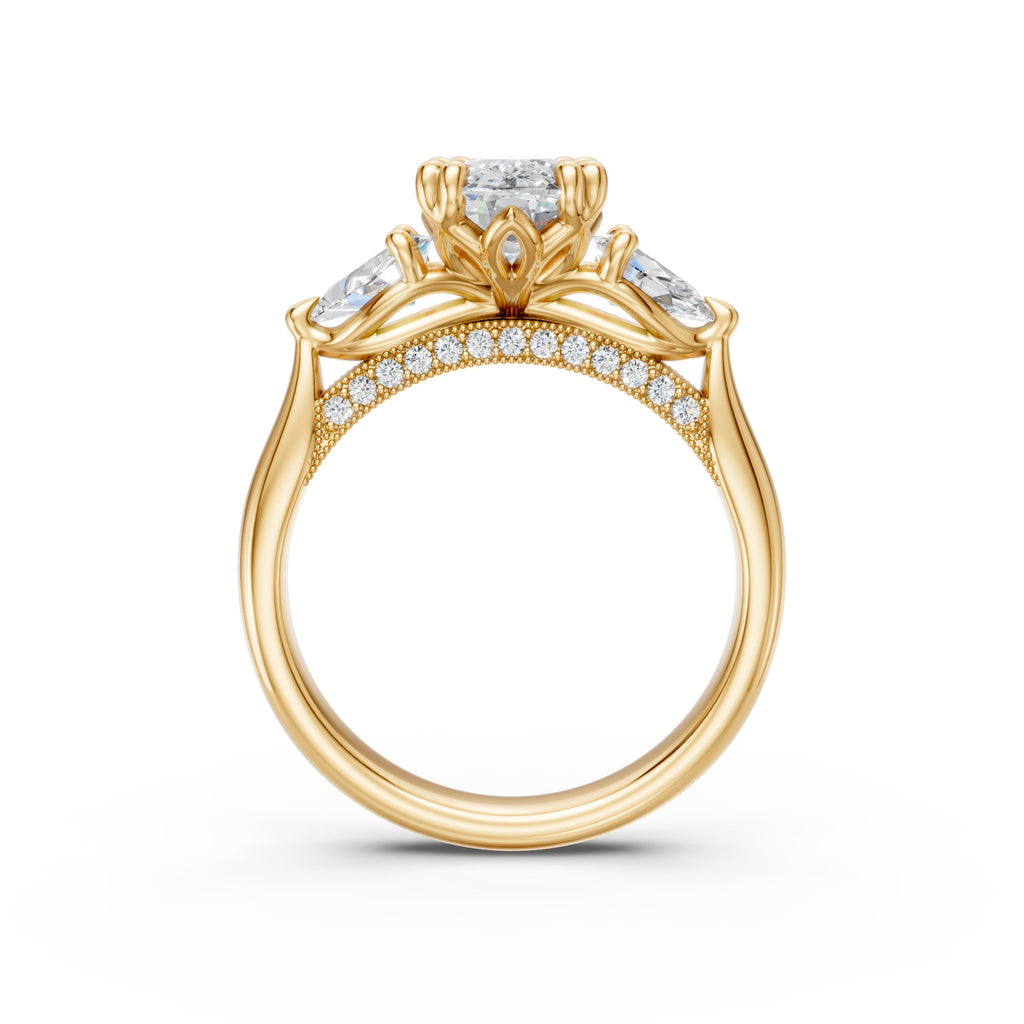 Elongated Cushion & Pear Three-Stone Cathedral Ring