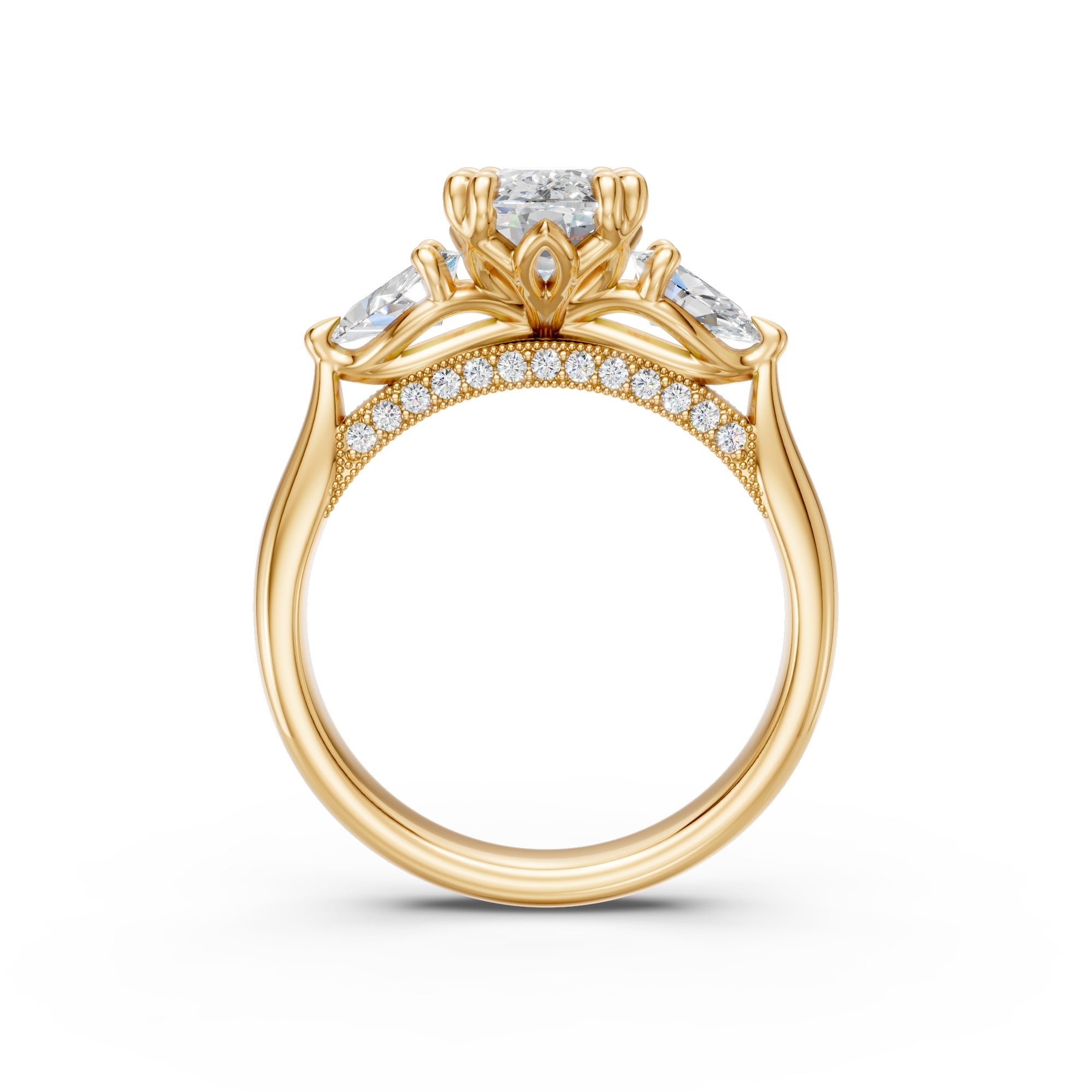 Elongated Cushion & Pear Three-Stone Cathedral Ring