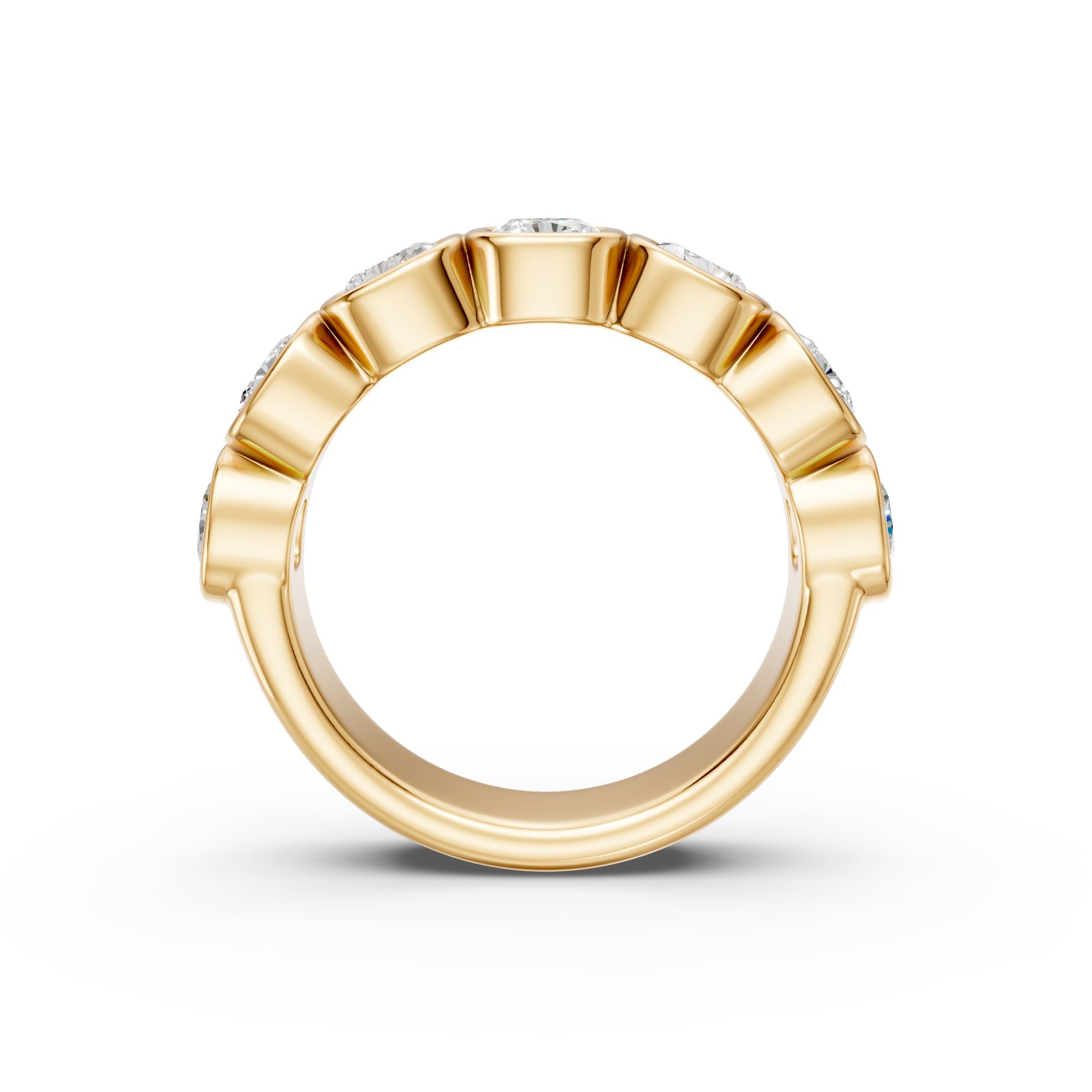 Underside view of the yellow gold Seven-Stone Cushion Bezel Band, showing the backs of the seven full bezel settings and polished inner band.