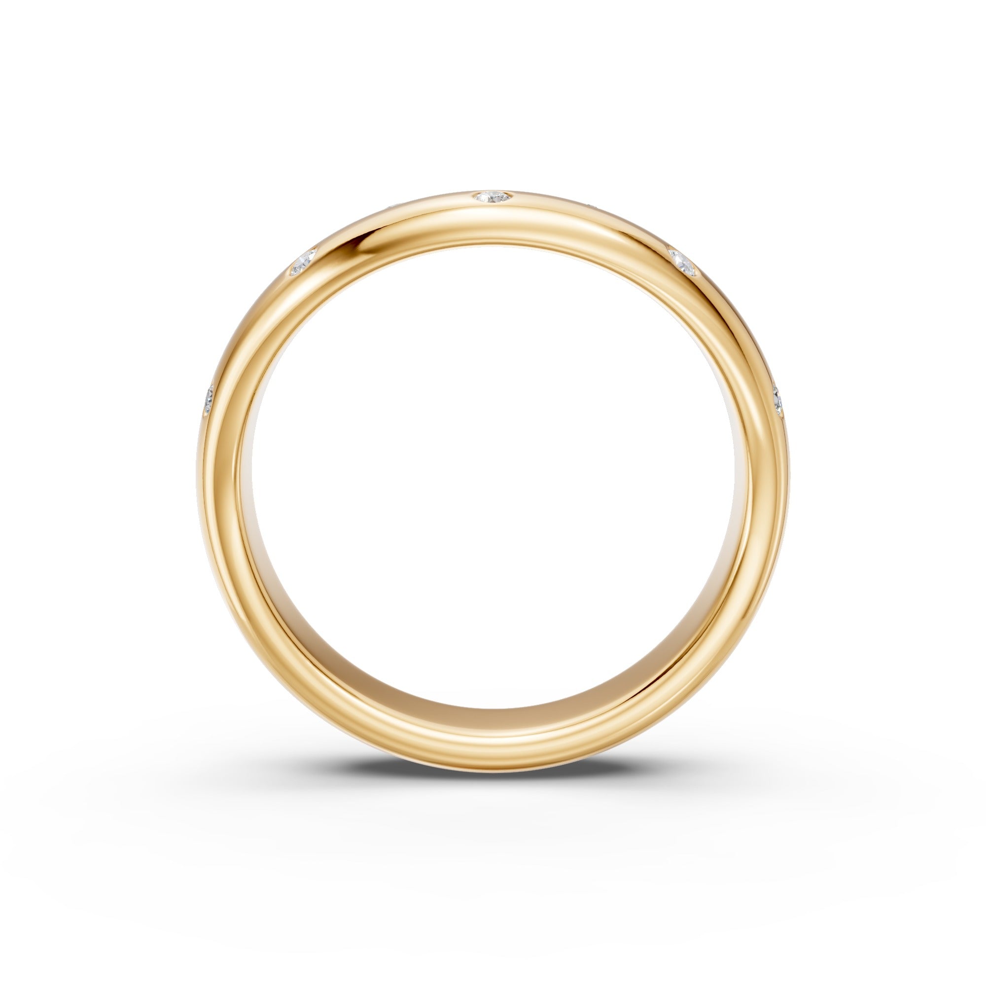 Angled detail of the yellow gold Eleven Flush Diamond Nesting Arc Band showing its centred curved profile