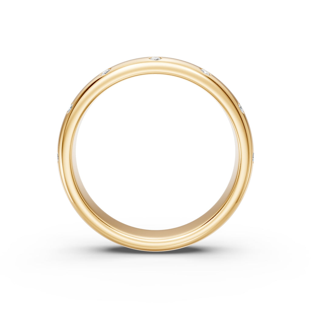 Interior view of the yellow gold Thirteen Flush Diamond Straight Band showing its smooth comfort-fit interior and rounded profile