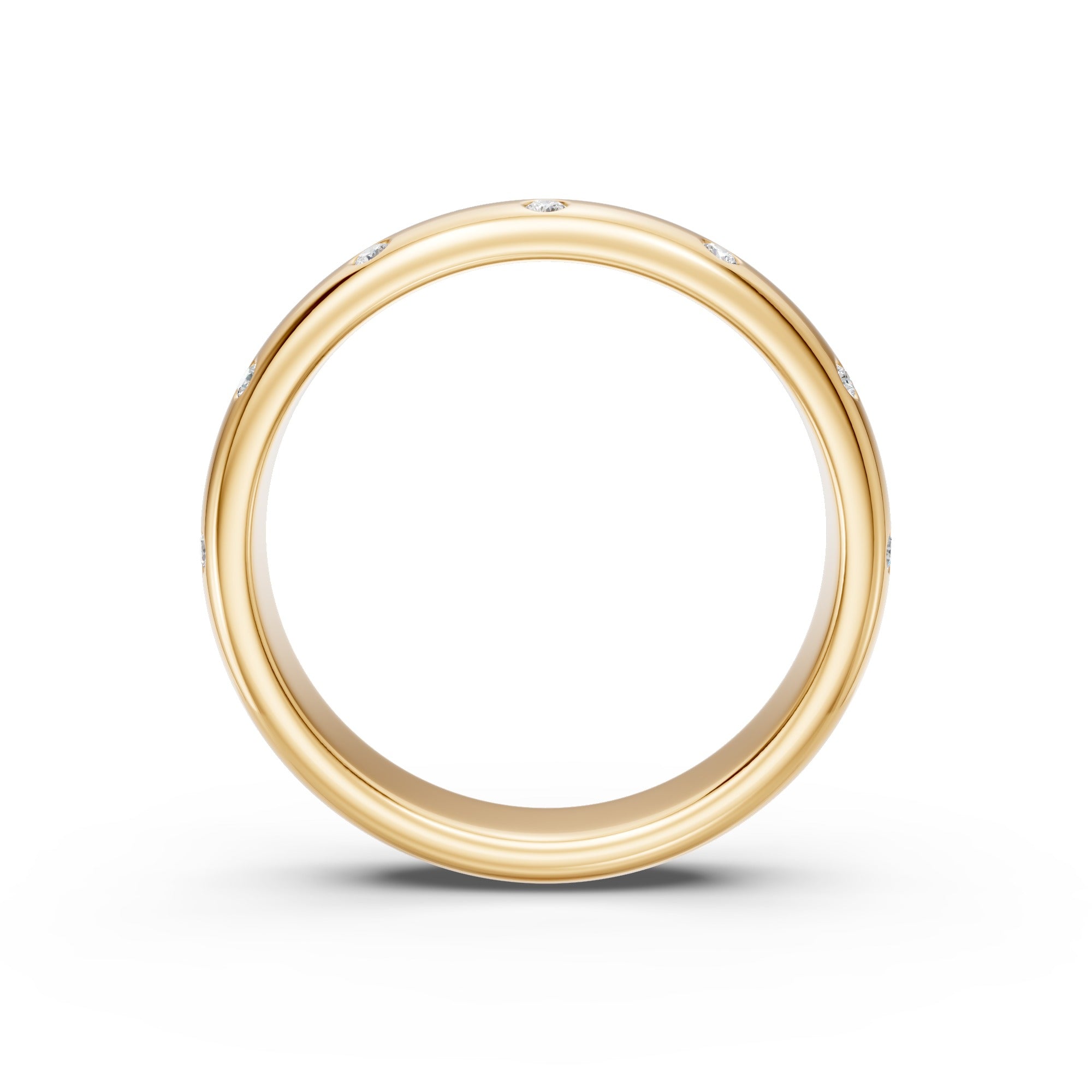 Interior view of the yellow gold Thirteen Flush Diamond Straight Band showing its smooth comfort-fit interior and rounded profile