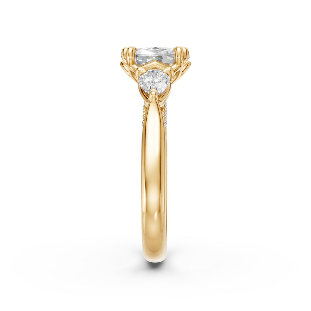Elongated Cushion & Pear Three-Stone Cathedral Ring