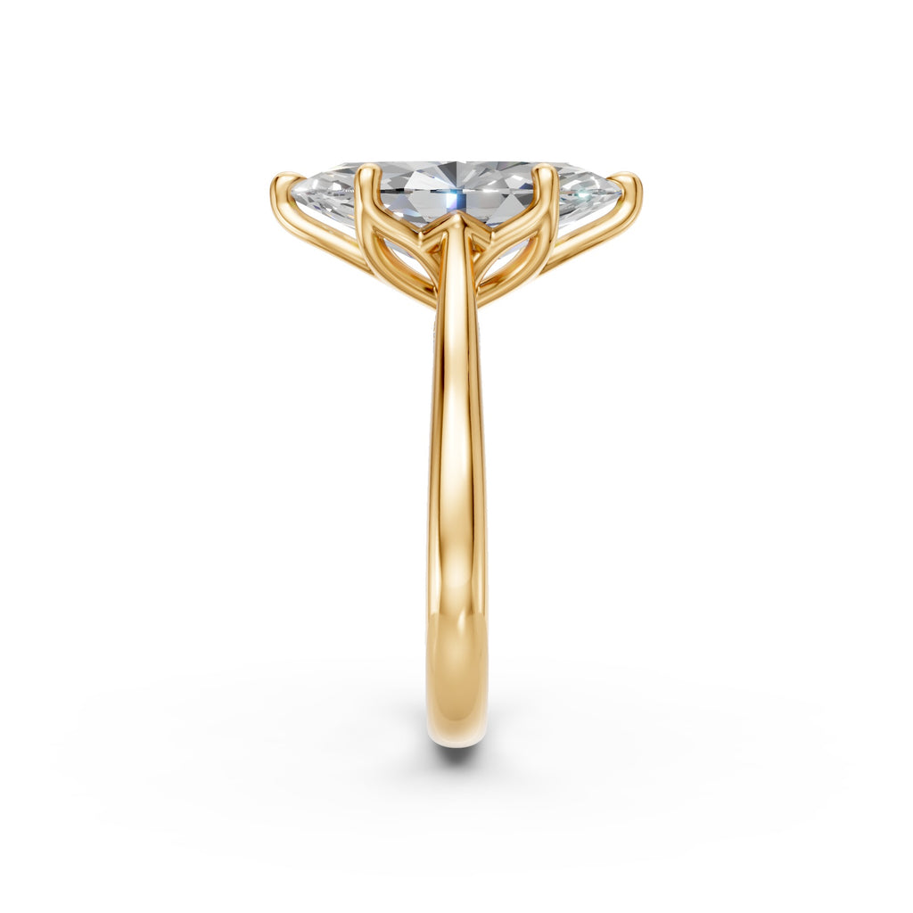 End profile of the yellow-gold marquise tulip ring showing the floral basket beneath the centre diamond