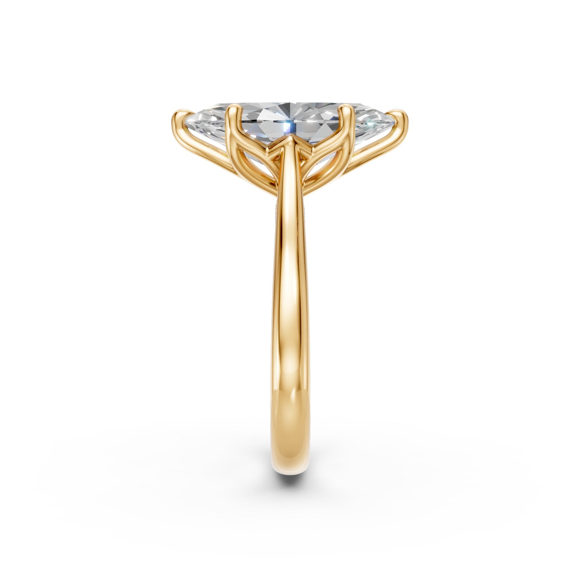 End profile of the yellow-gold marquise tulip ring showing the floral basket beneath the centre diamond