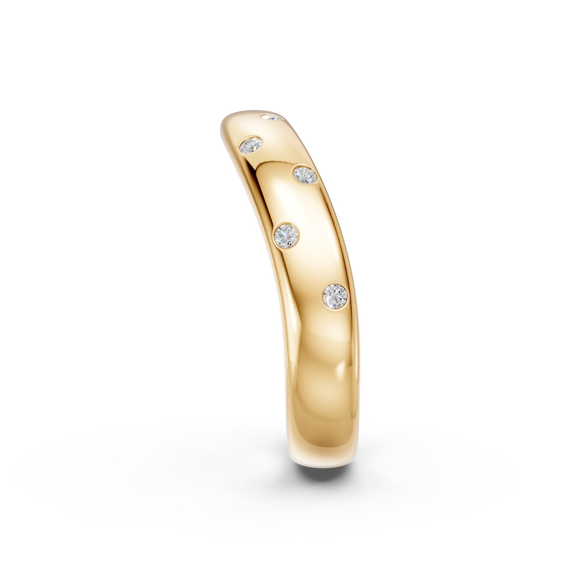 Side detail of the yellow gold Eleven Flush Diamond Nesting Arc Band with flush-set round diamonds