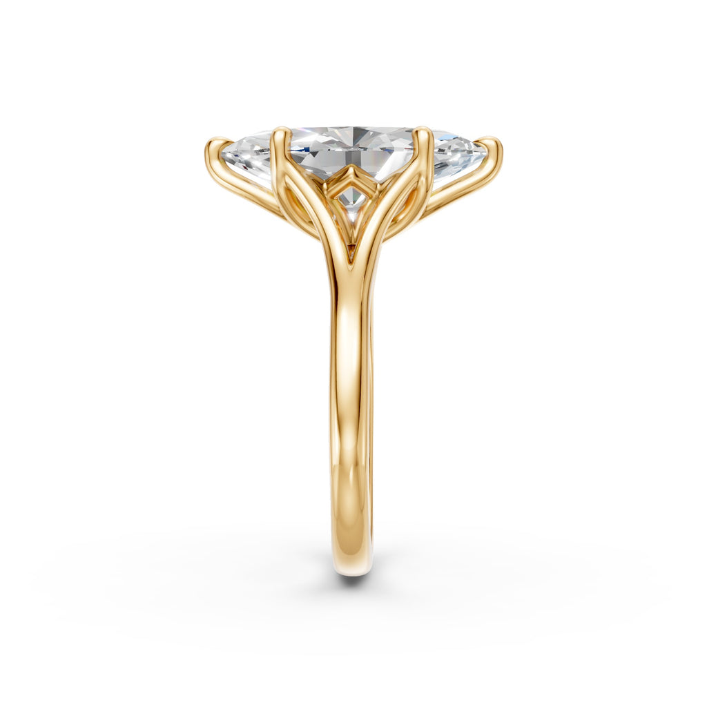 End profile of the yellow-gold marquise ring showing the split shoulders flowing into the tulip basket