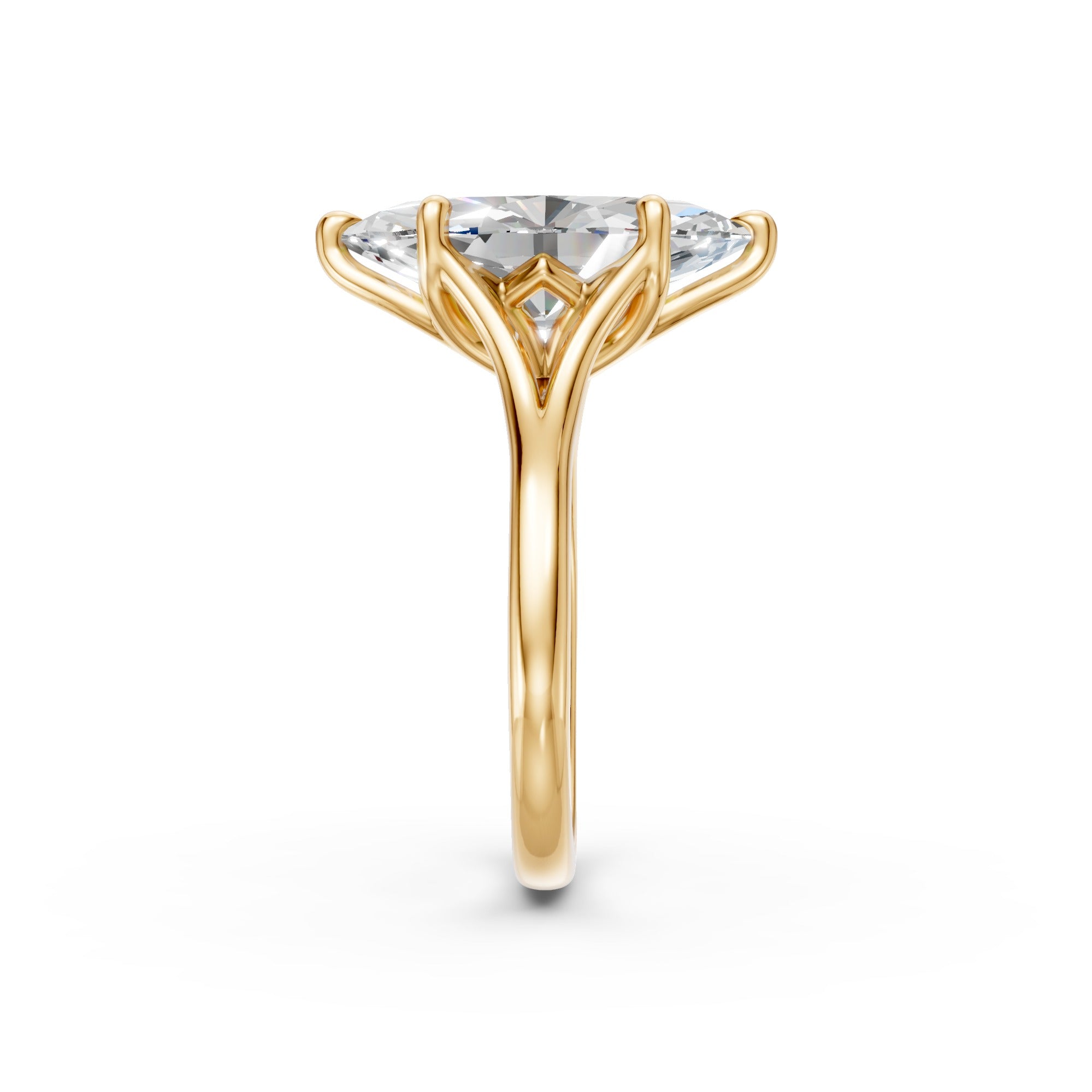 End profile of the yellow-gold marquise ring showing the split shoulders flowing into the tulip basket