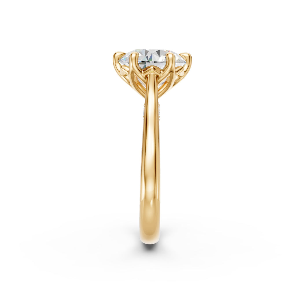 End profile of the yellow-gold round ring showing the six-prong tulip basket