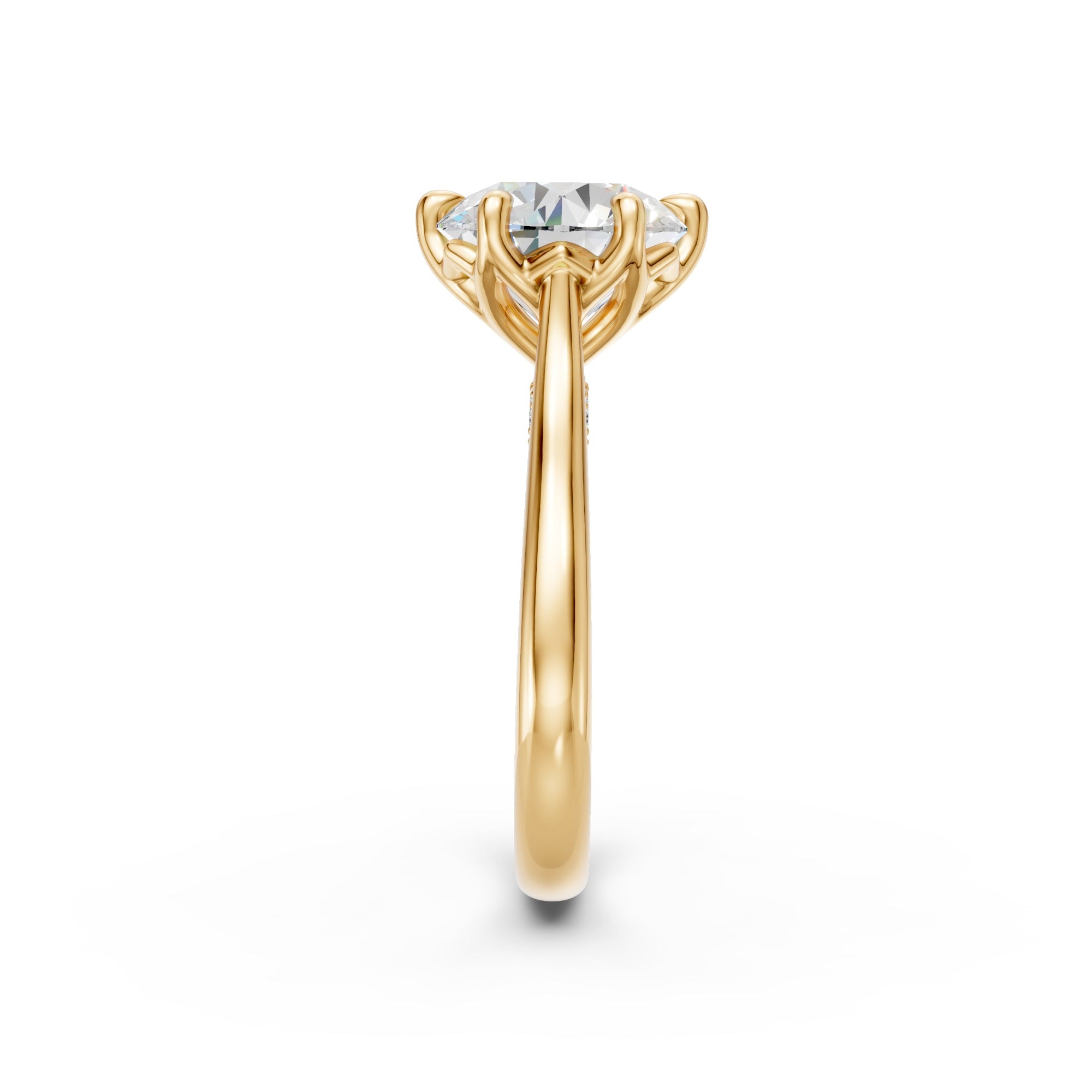 End profile of the yellow-gold round ring showing the six-prong tulip basket