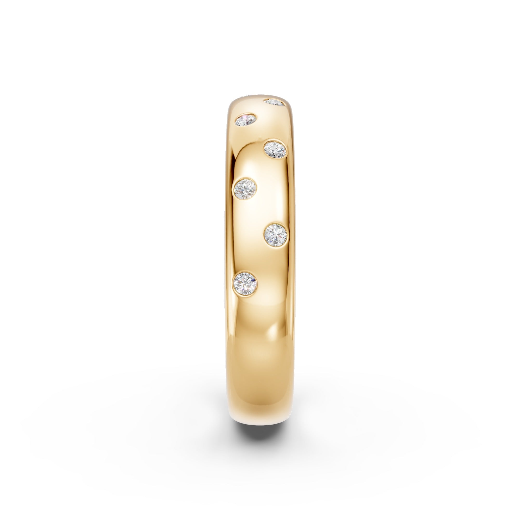 Side view of the yellow gold Thirteen Flush Diamond Straight Band showing its approximately 4 mm width and flush-set round diamonds