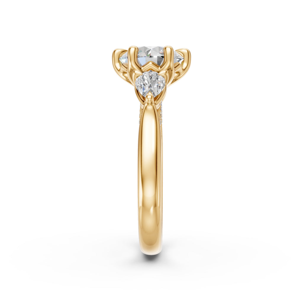 Round & Pear Three-Stone Cathedral Ring