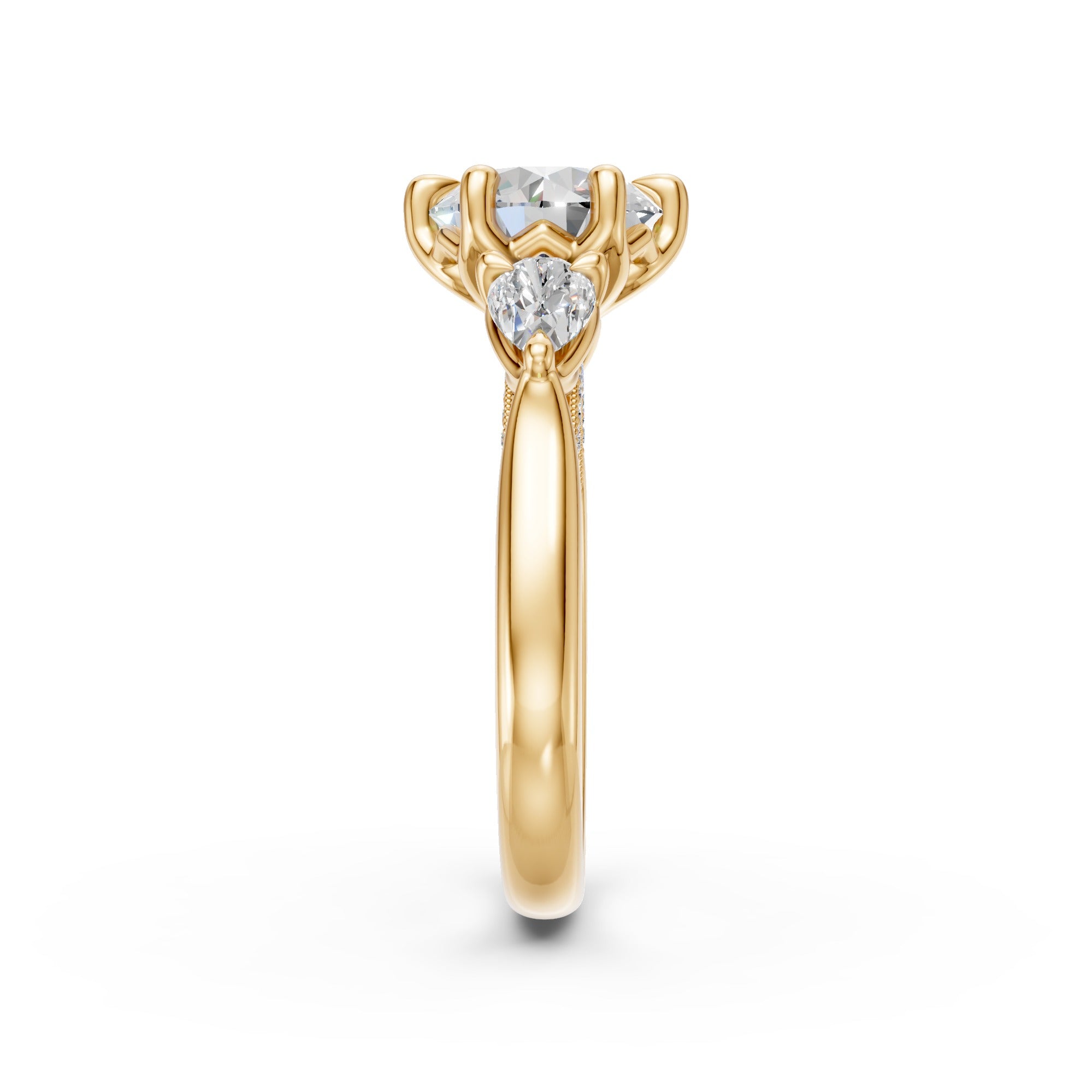 Round & Pear Three-Stone Cathedral Ring