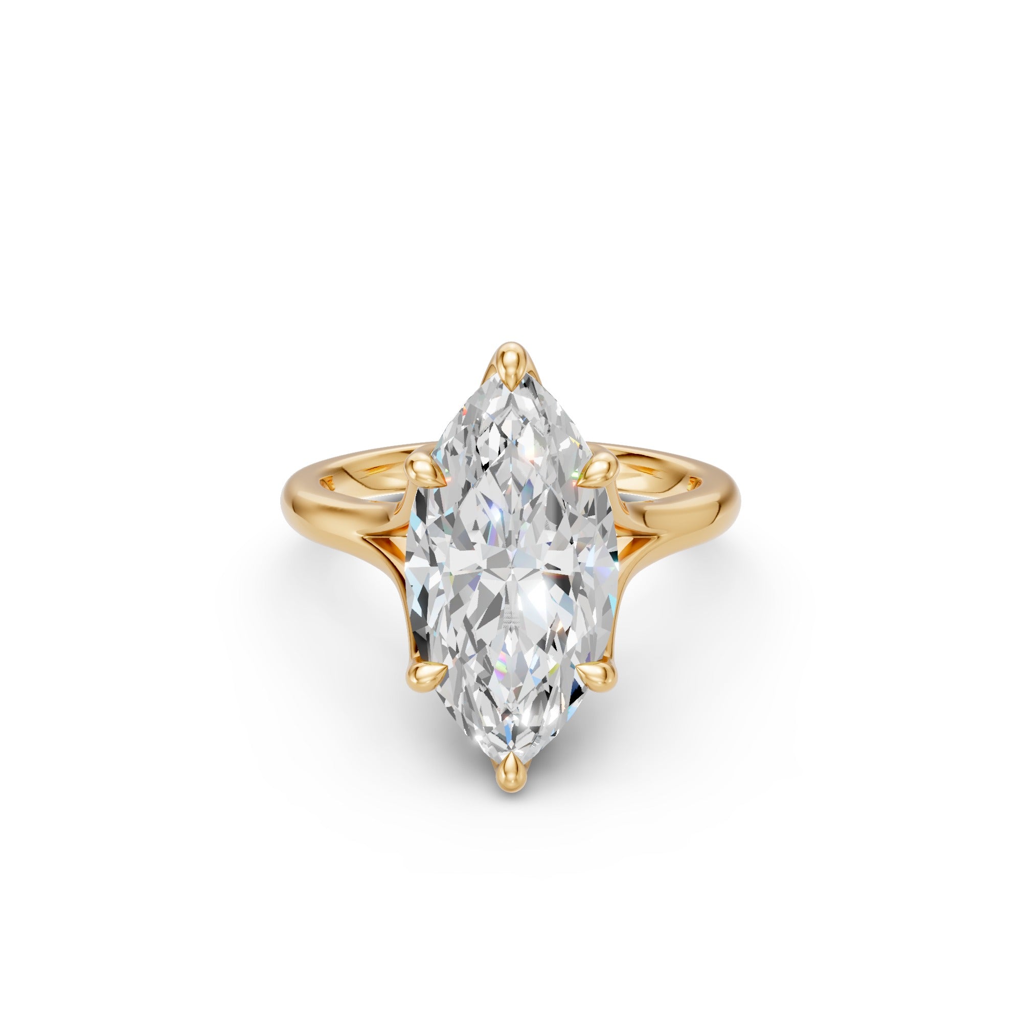 Front view of the yellow-gold Marquise Tulip Split Cathedral Ring with a lab-grown marquise diamond