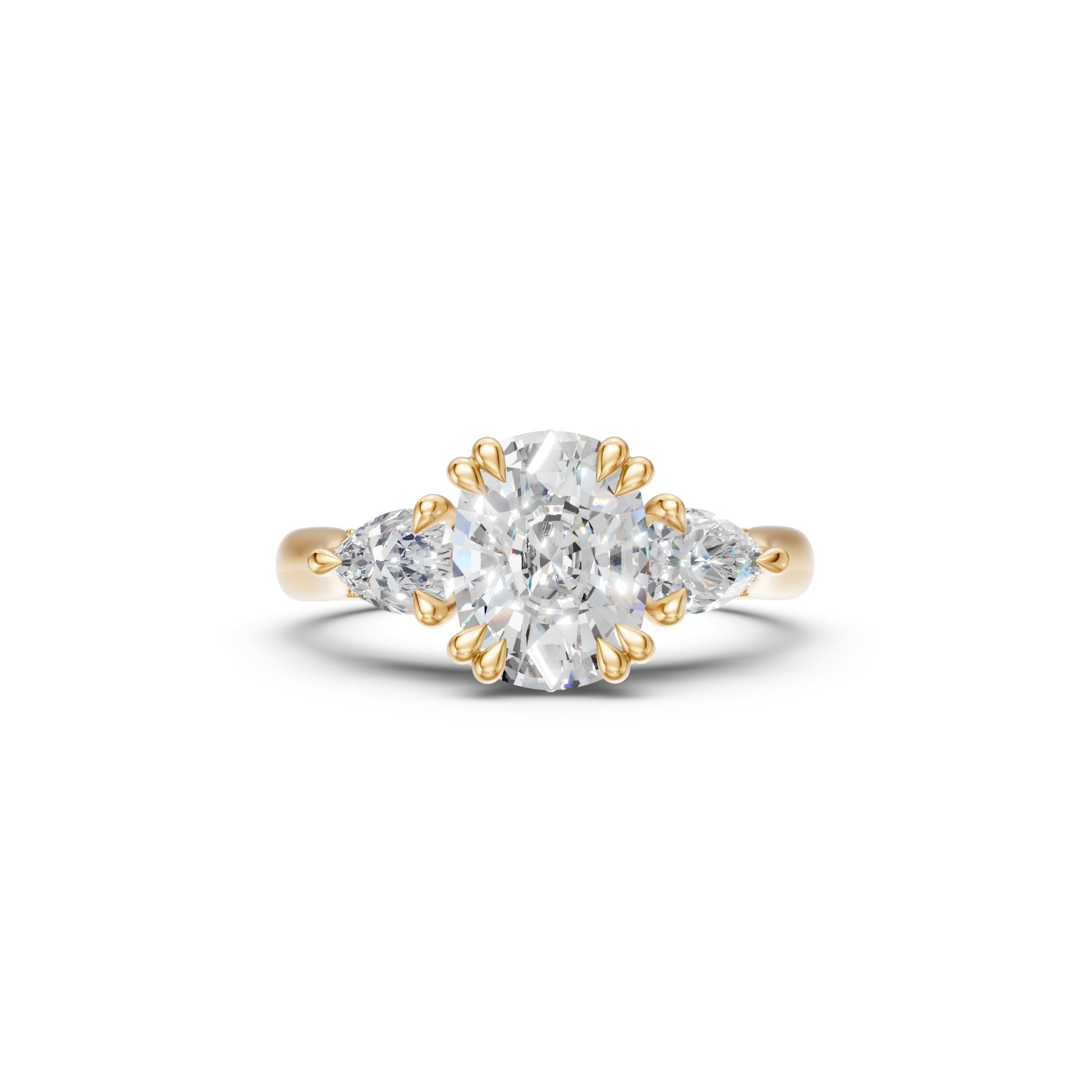 Elongated Cushion & Pear Three-Stone Cathedral Ring