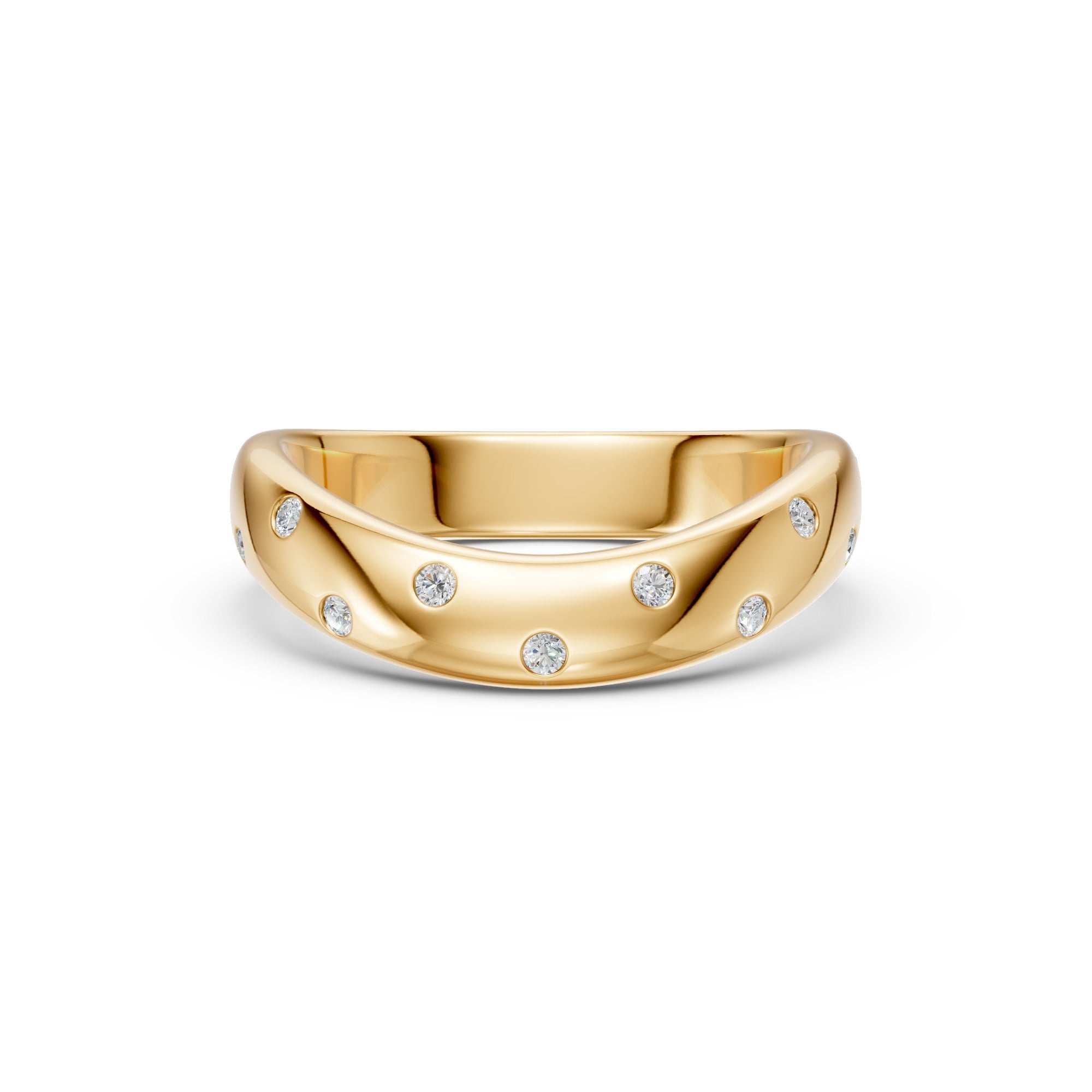 Detail of the yellow gold Eleven Flush Diamond Nesting Arc Band showing the centred arc and flush-set diamonds