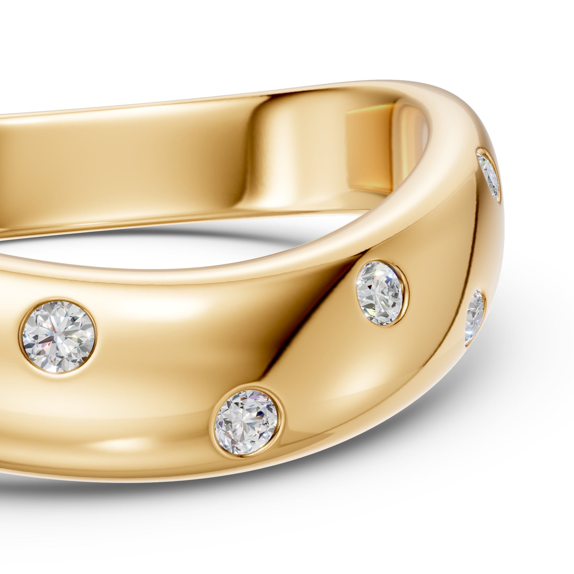 Interior detail of the yellow gold Eleven Flush Diamond Nesting Arc Band showing its comfort-fit interior