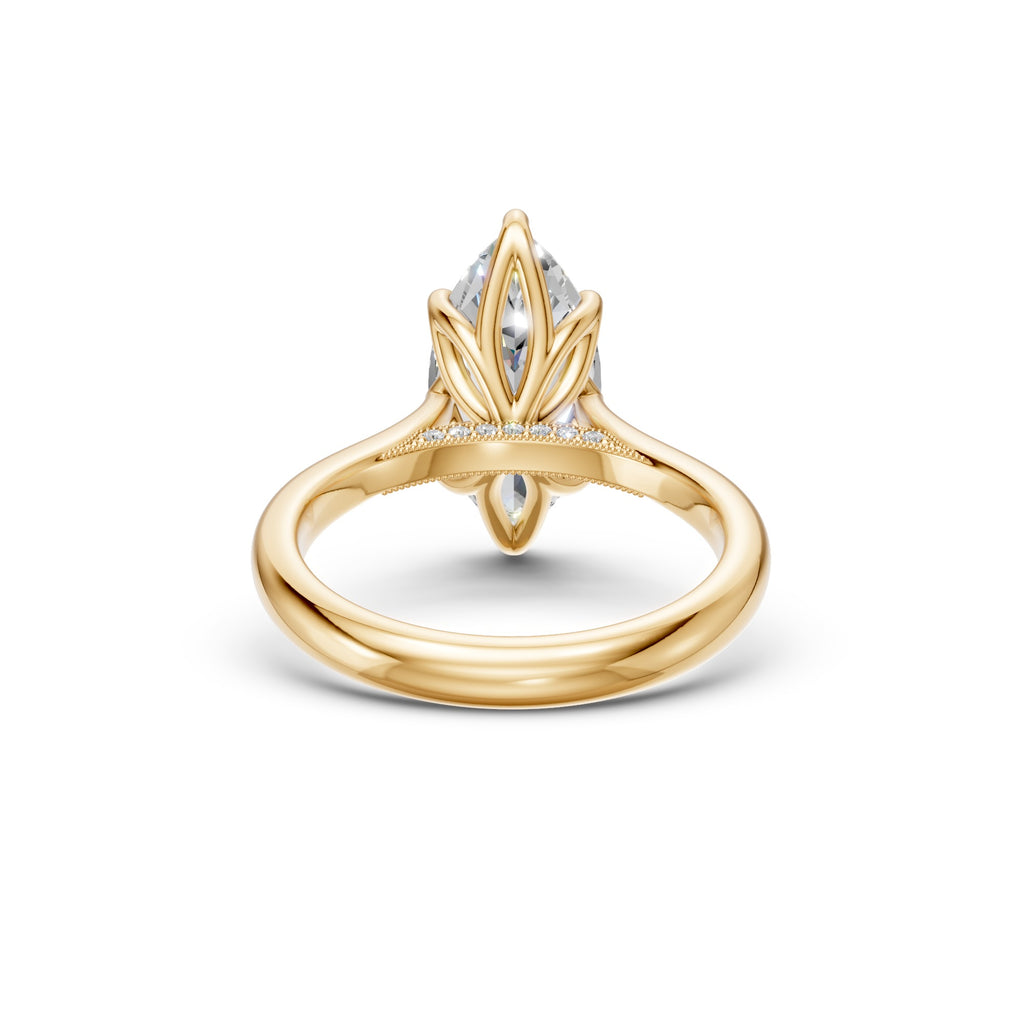 Rear underside view of the yellow-gold marquise ring showing the floral tulip basket and pavé bridge