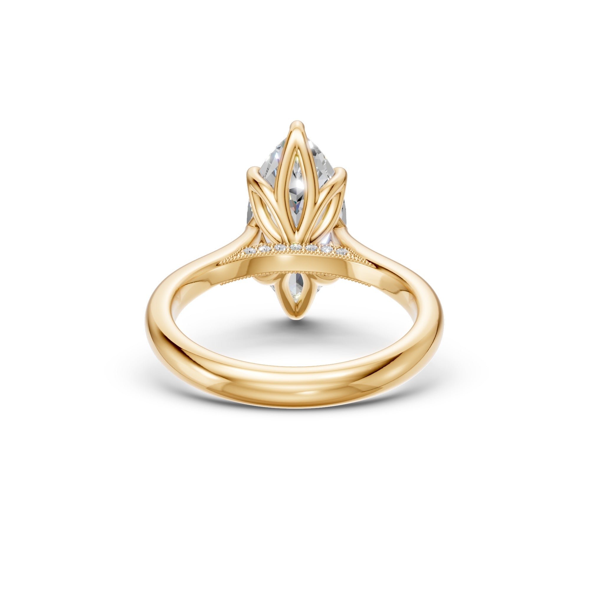 Rear underside view of the yellow-gold marquise ring showing the floral tulip basket and pavé bridge