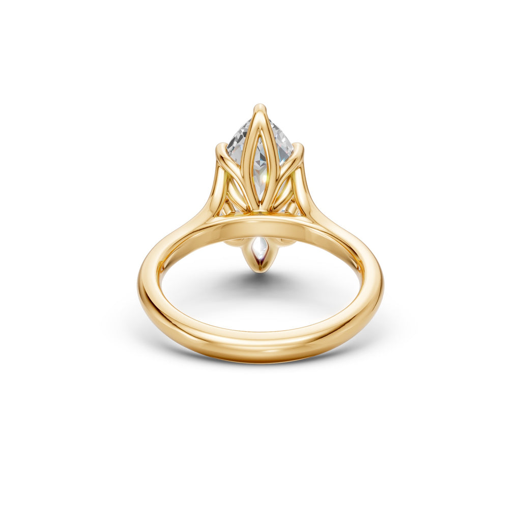 Rear underside view of the yellow-gold marquise ring showing the split cathedral architecture and floral basket