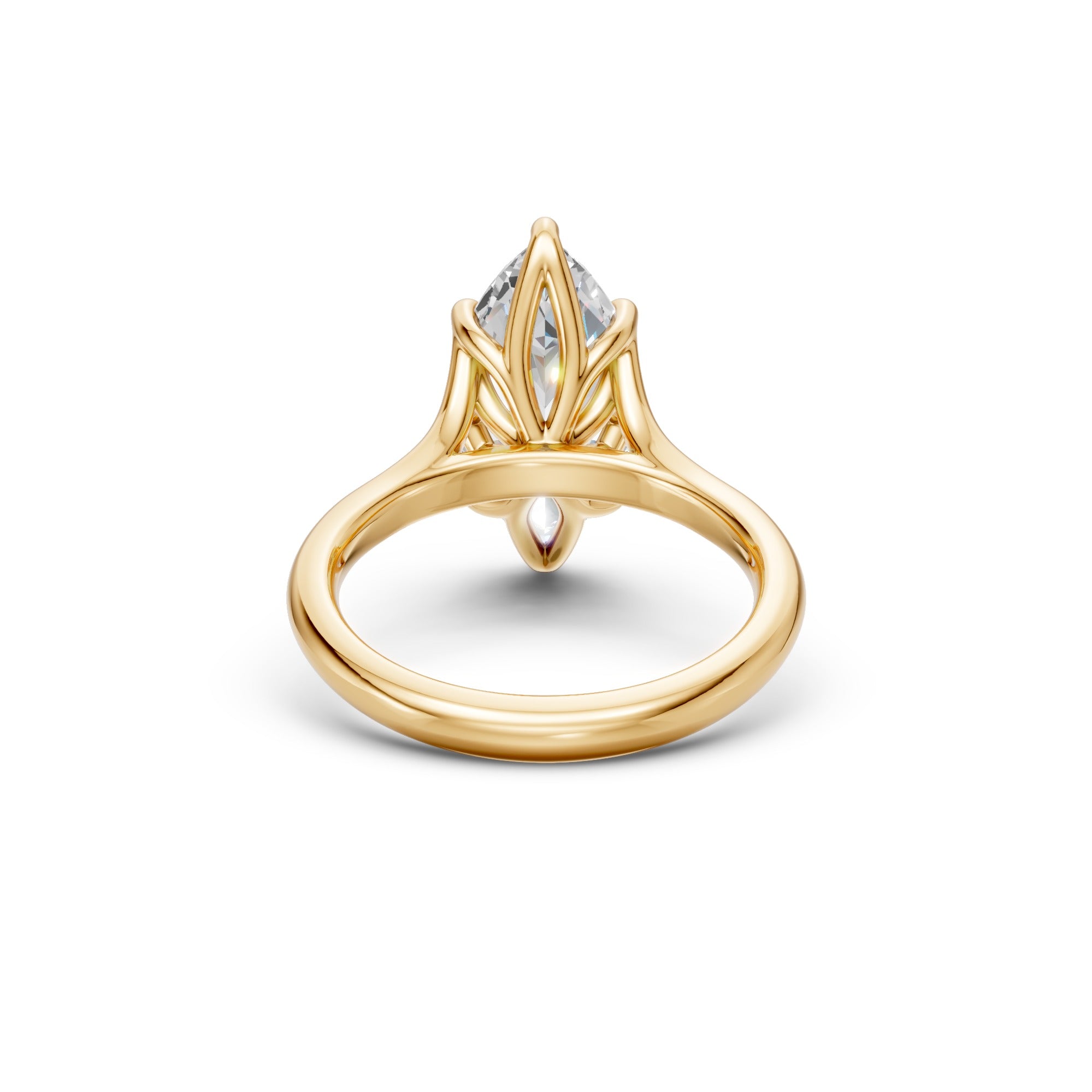 Rear underside view of the yellow-gold marquise ring showing the split cathedral architecture and floral basket