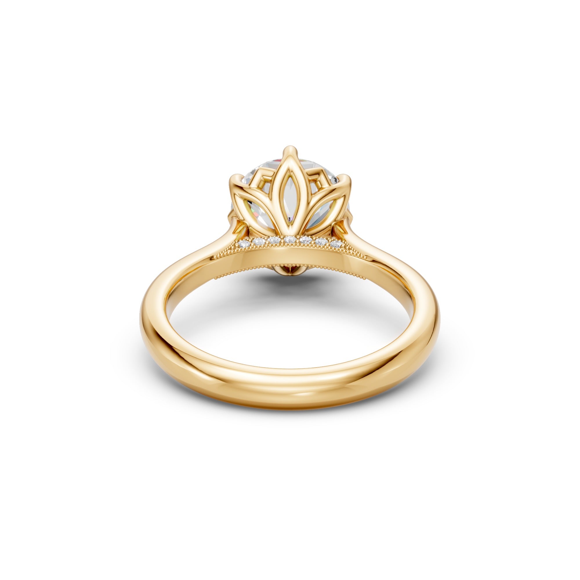 Rear underside view of the yellow-gold round ring showing the floral tulip basket and pavé bridge