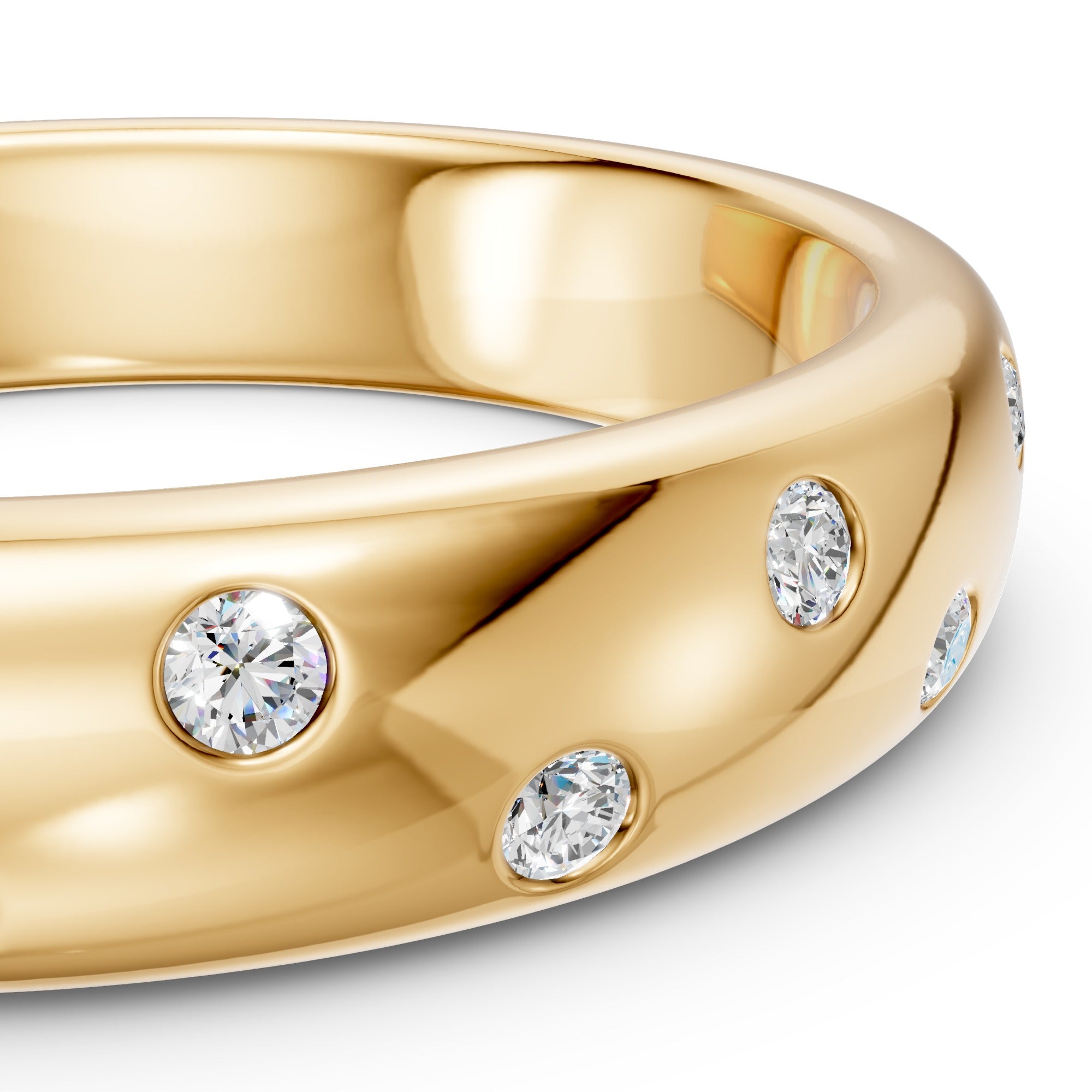 Close-up detail of the yellow gold Thirteen Flush Diamond Straight Band showing its polished surface and flush-set round diamonds