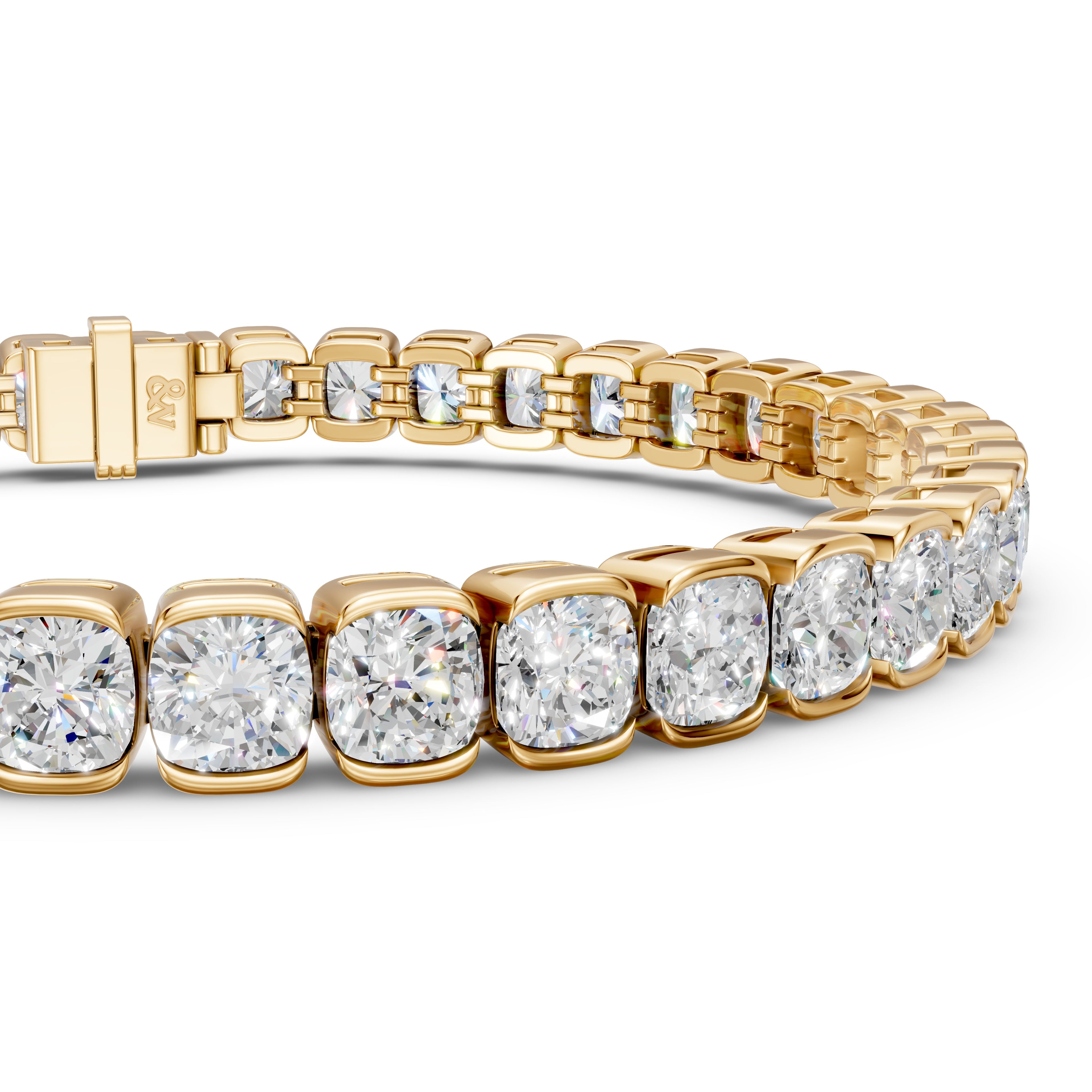 Close-up of cushion lab-grown diamonds in yellow gold north-south partial bezels