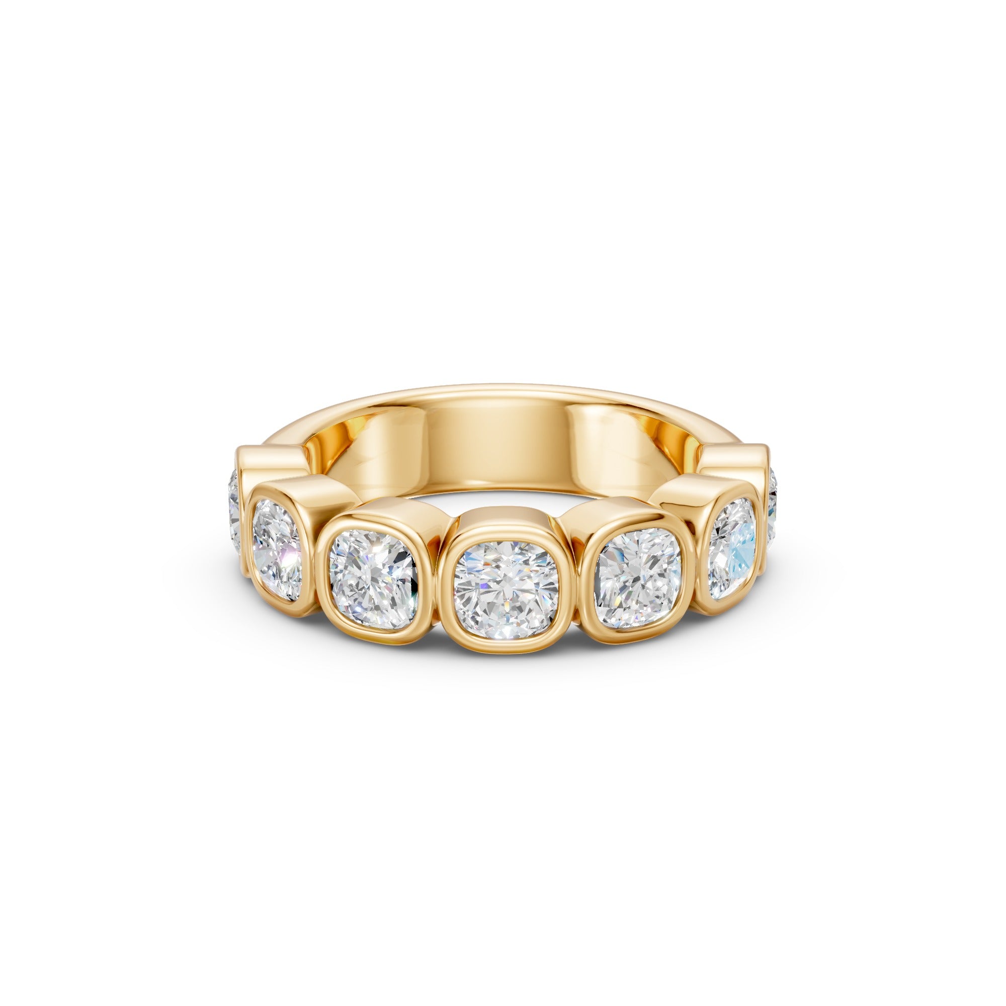 Close-up front view of the yellow gold cushion diamond band, showing seven softly squared diamonds across the approximately 5 mm band.