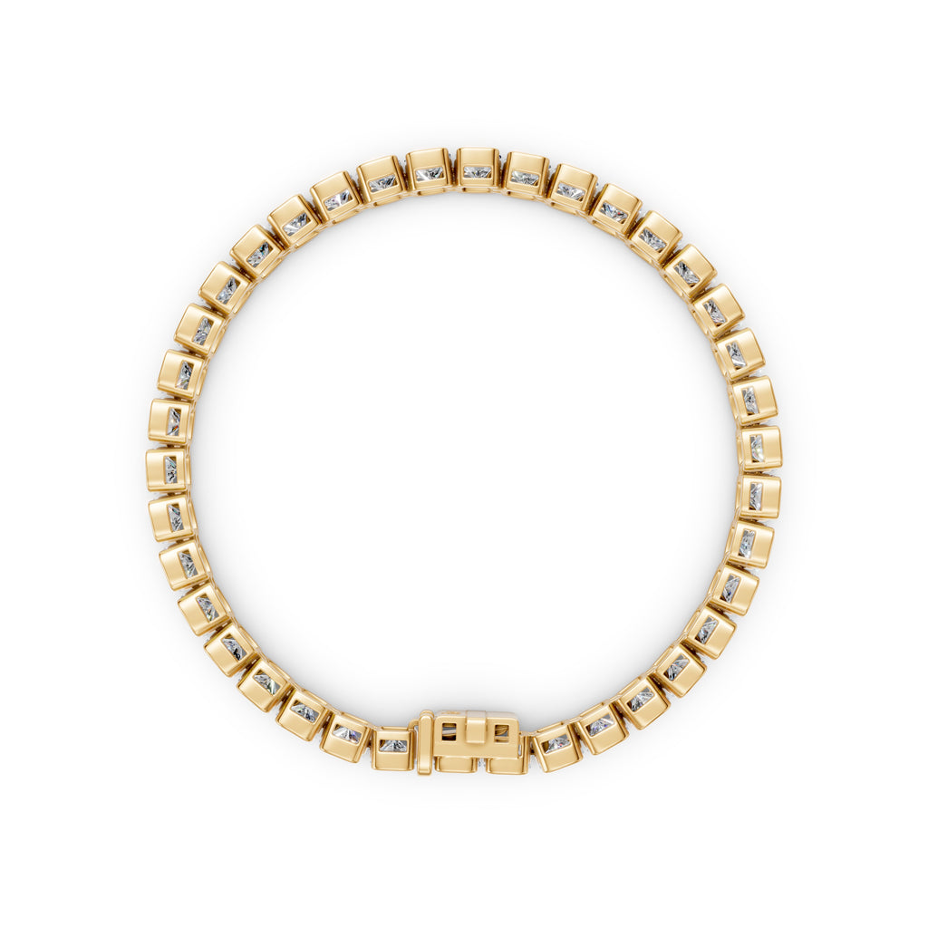 Back view of yellow gold cushion diamond tennis bracelet showing open-sided settings