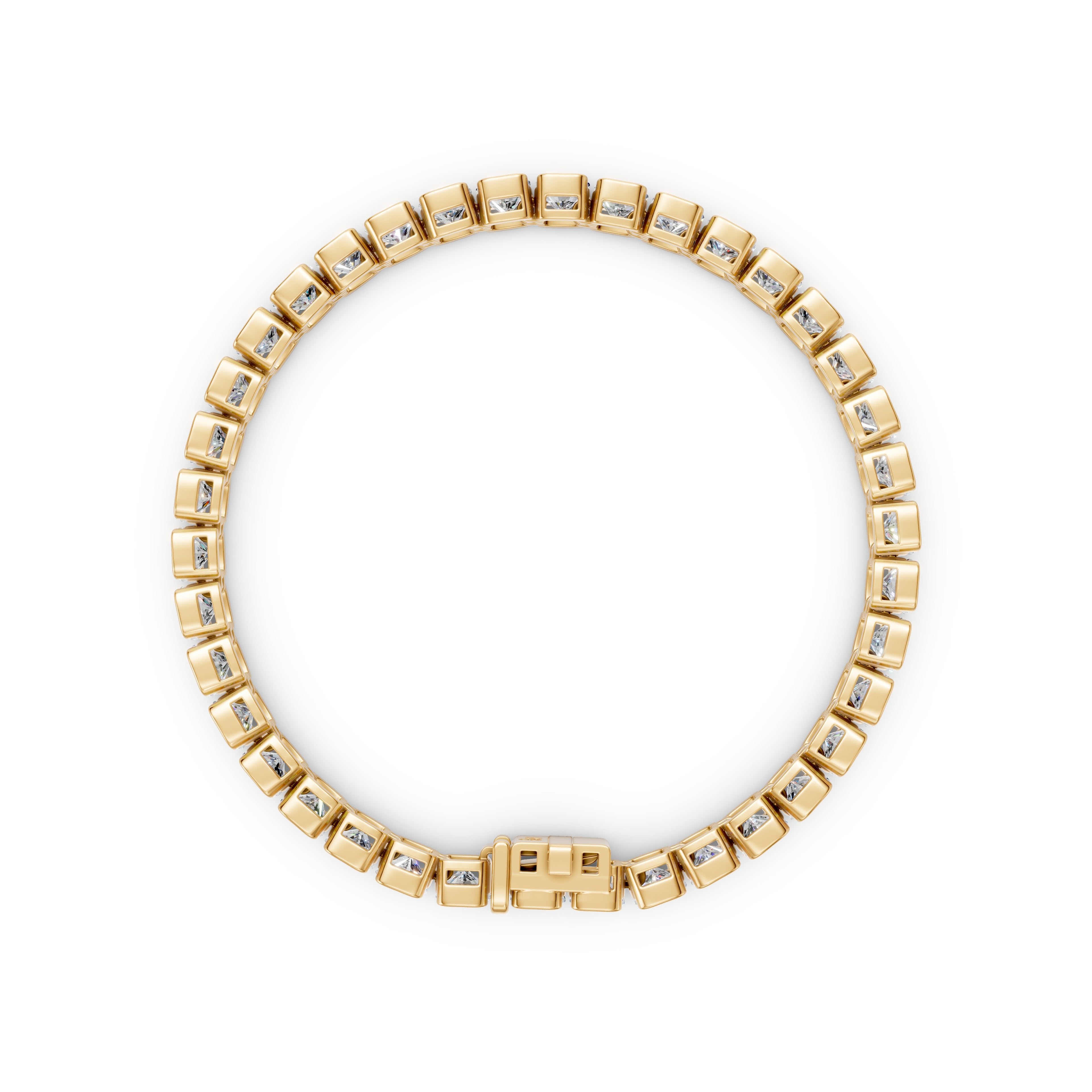 Back view of yellow gold cushion diamond tennis bracelet showing open-sided settings