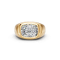 Close-up front view of the yellow gold East–West Cushion Signet with an elongated cushion-cut diamond in a smooth full bezel.