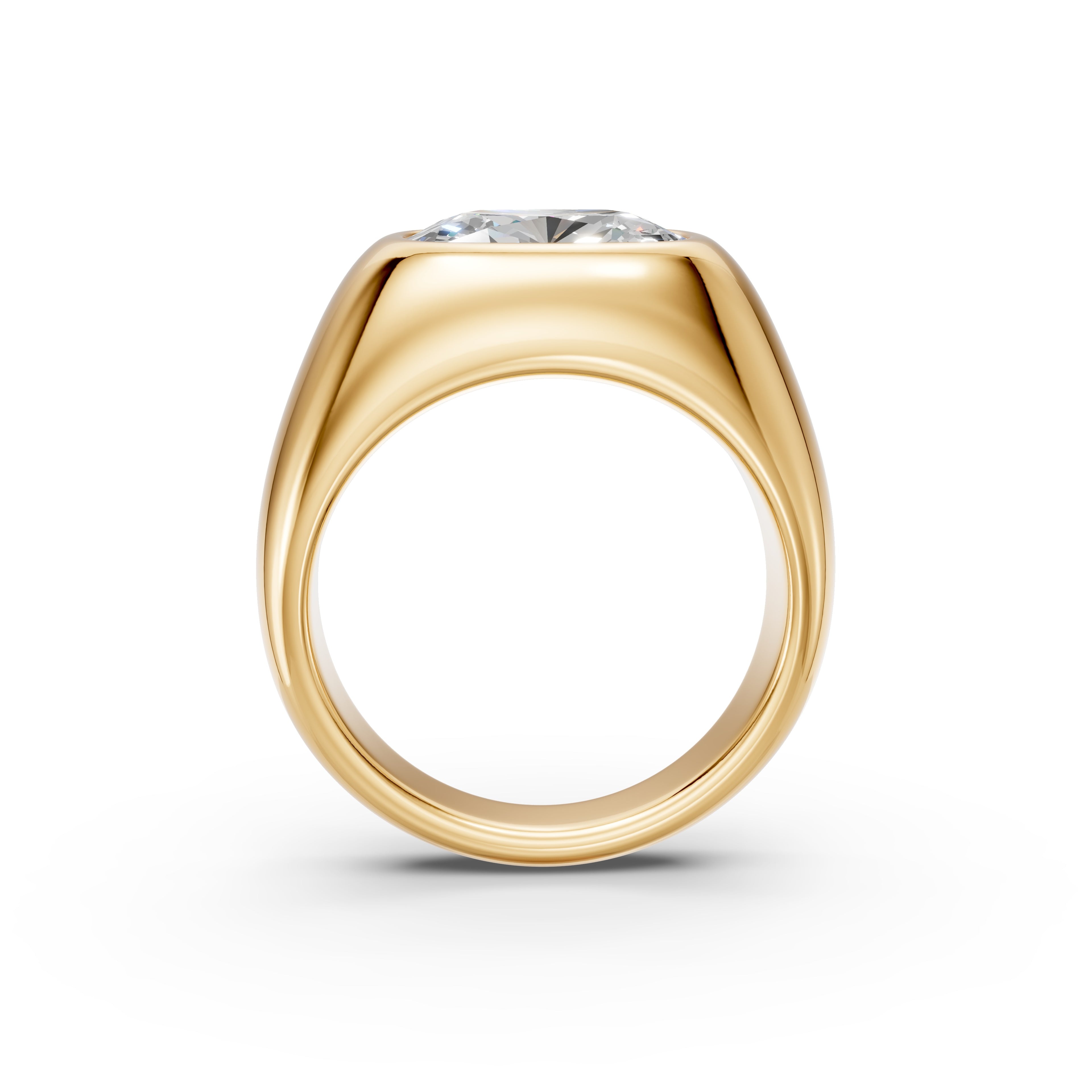 Side-profile view of the yellow gold East–West Cushion Signet, showing the elongated cushion-cut diamond in profile, smooth solid shoulders, and rounded inner band.