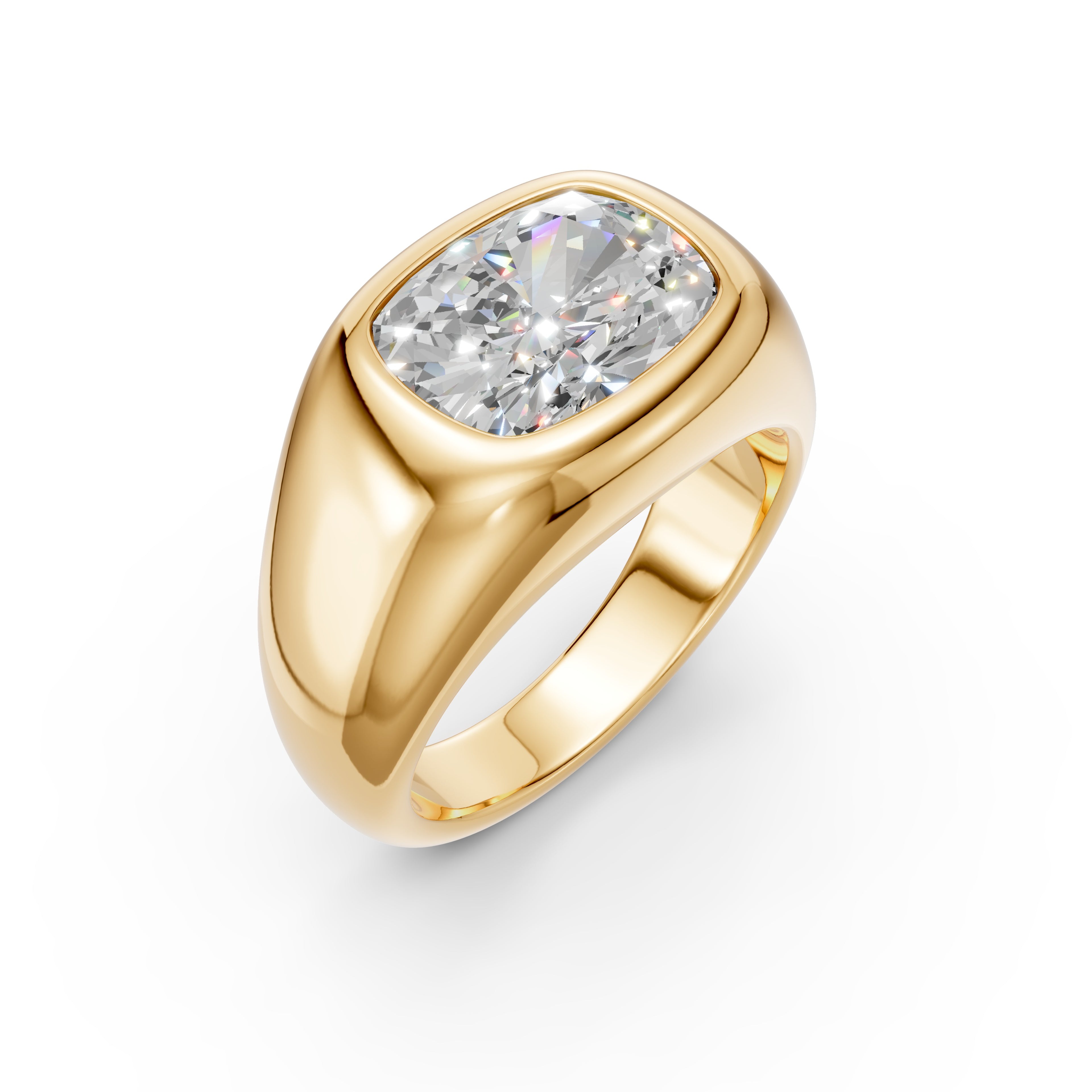 Angled close-up of the yellow gold East–West Cushion Signet, showing the elongated cushion-cut diamond, smooth full bezel, and sculpted shoulders.